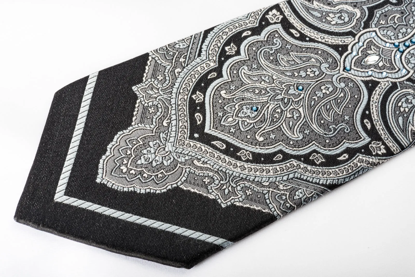 Smalto Men's Woven Silk Necktie Silver Damask On Black With Rhinestones