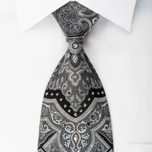 Smalto Men's Woven Silk Necktie Silver Damask On Black With Rhinestones