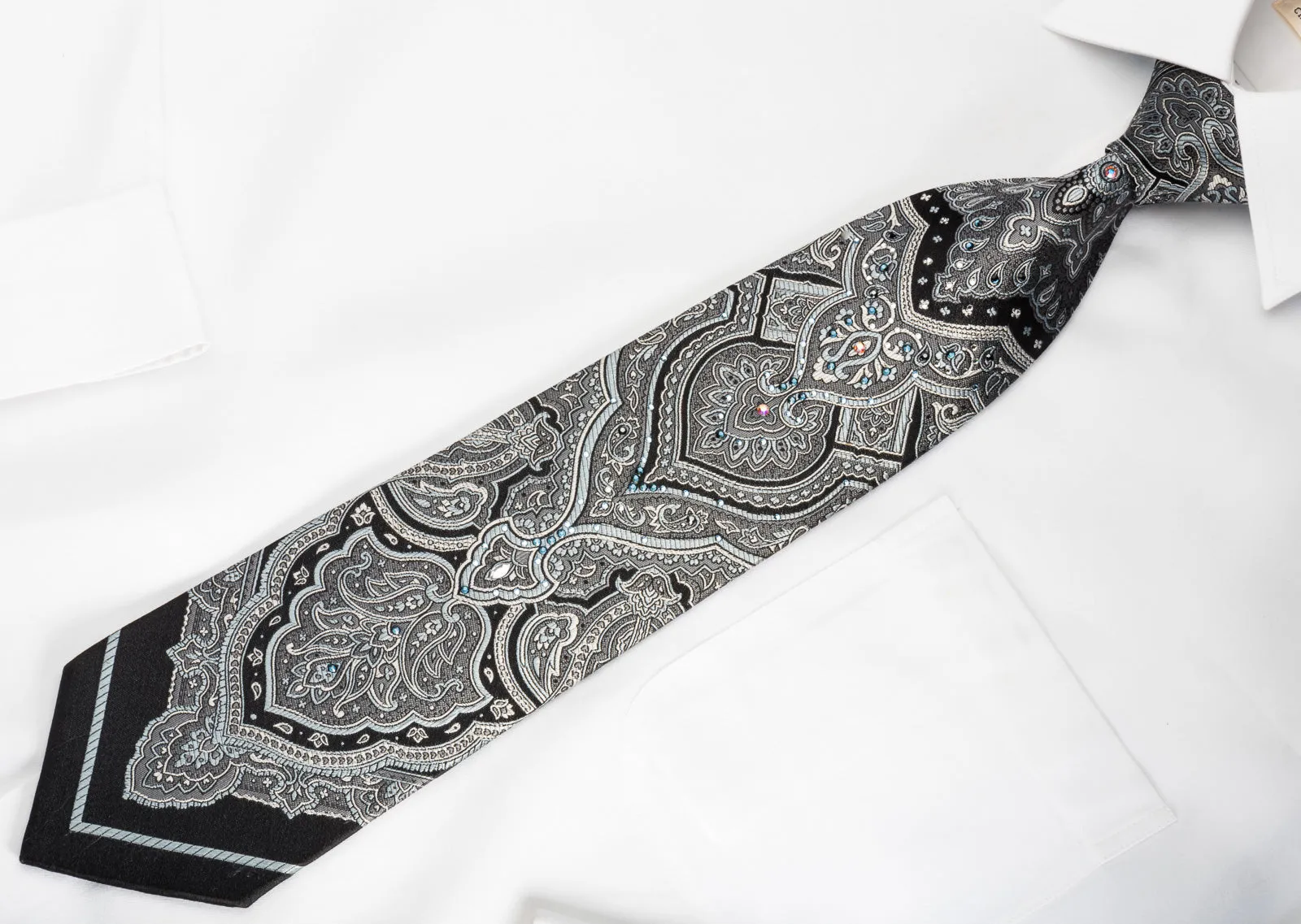 Smalto Men's Woven Silk Necktie Silver Damask On Black With Rhinestones