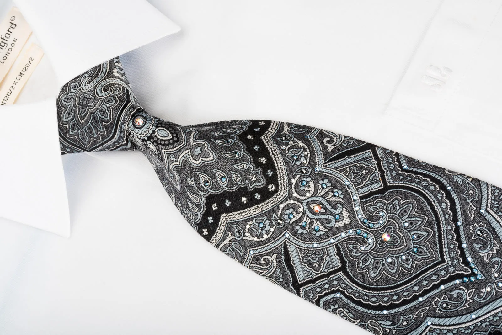 Smalto Men's Woven Silk Necktie Silver Damask On Black With Rhinestones