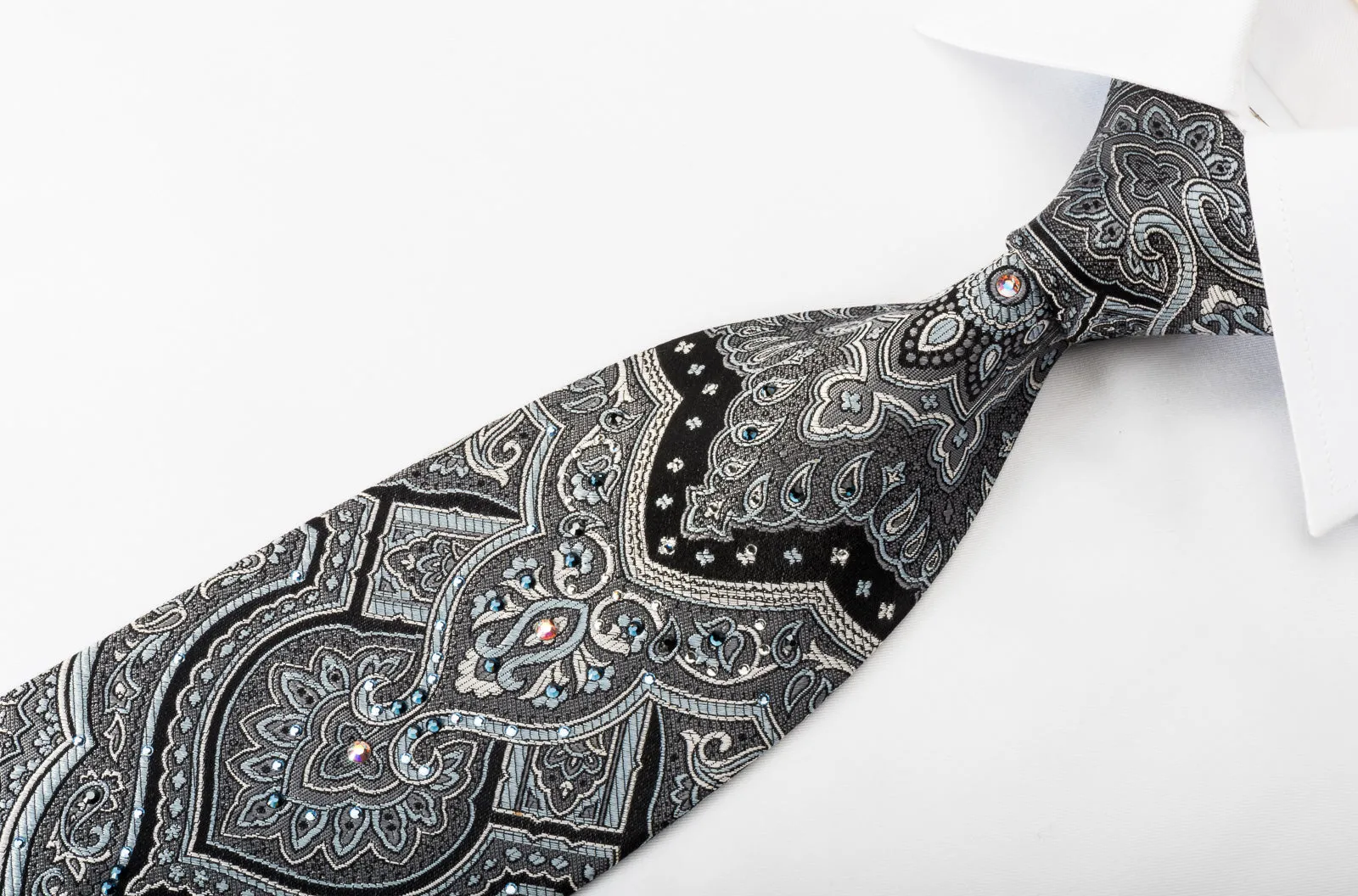 Smalto Men's Woven Silk Necktie Silver Damask On Black With Rhinestones