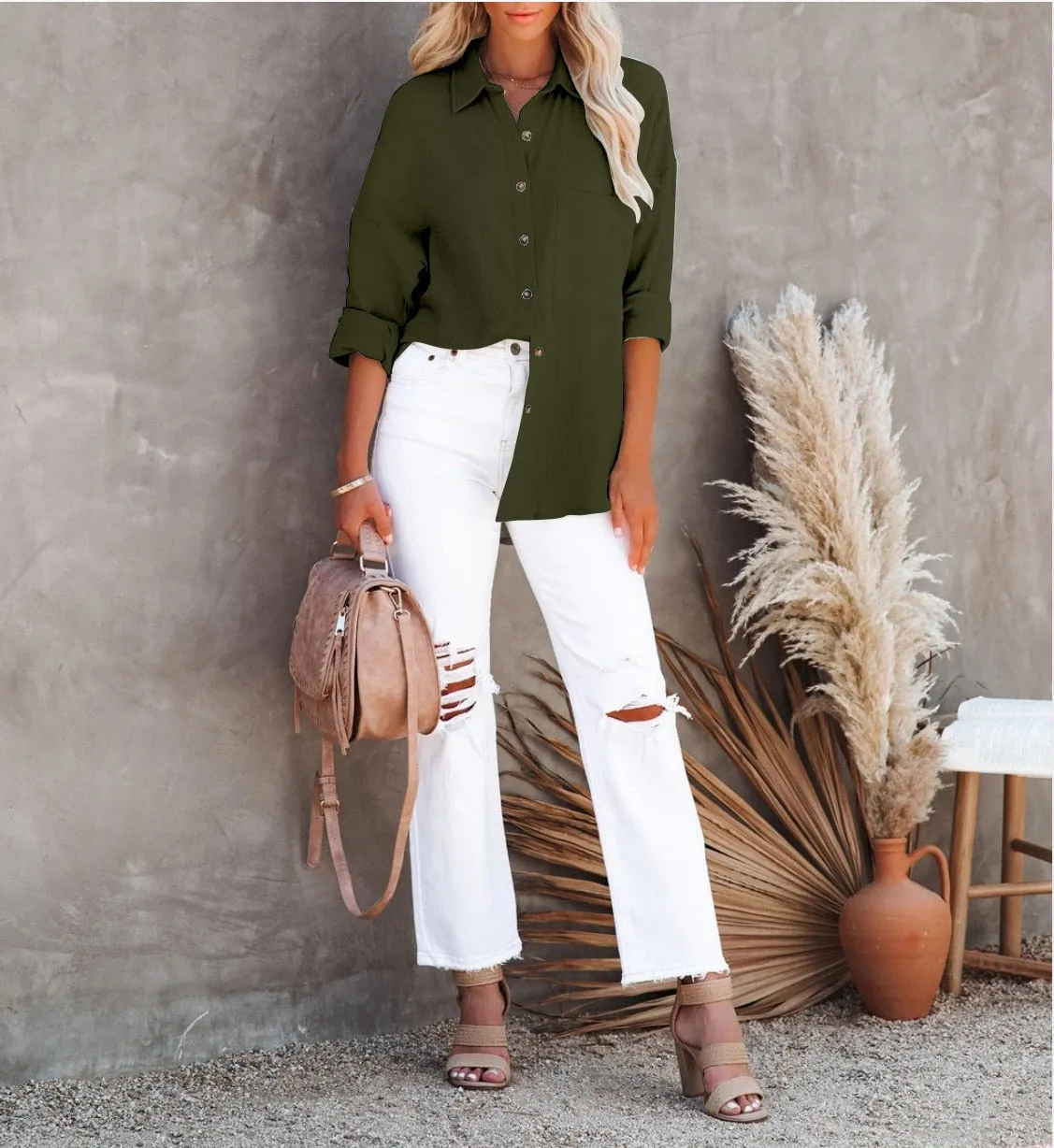 Spring Casual Linen Cotton Women Blouse