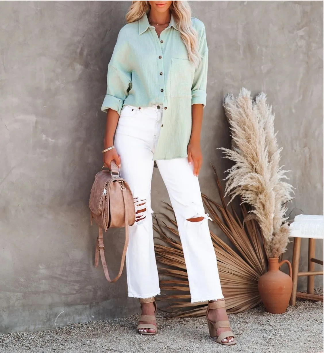 Spring Casual Linen Cotton Women Blouse