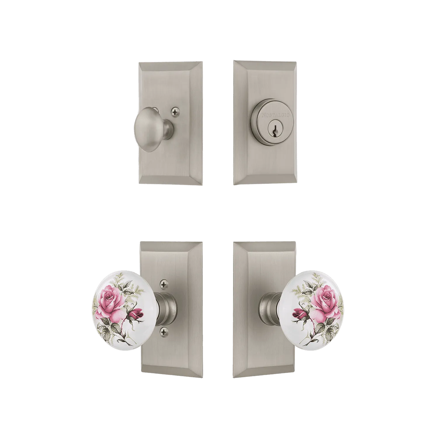 Studio Entry Set with White Rose Porcelain Knob in Satin Nickel