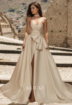 Sweetheart A-Line Sleeveless Stripe High Slit Train Pleats Satin Wedding Dress Bridal Gowns with Bows