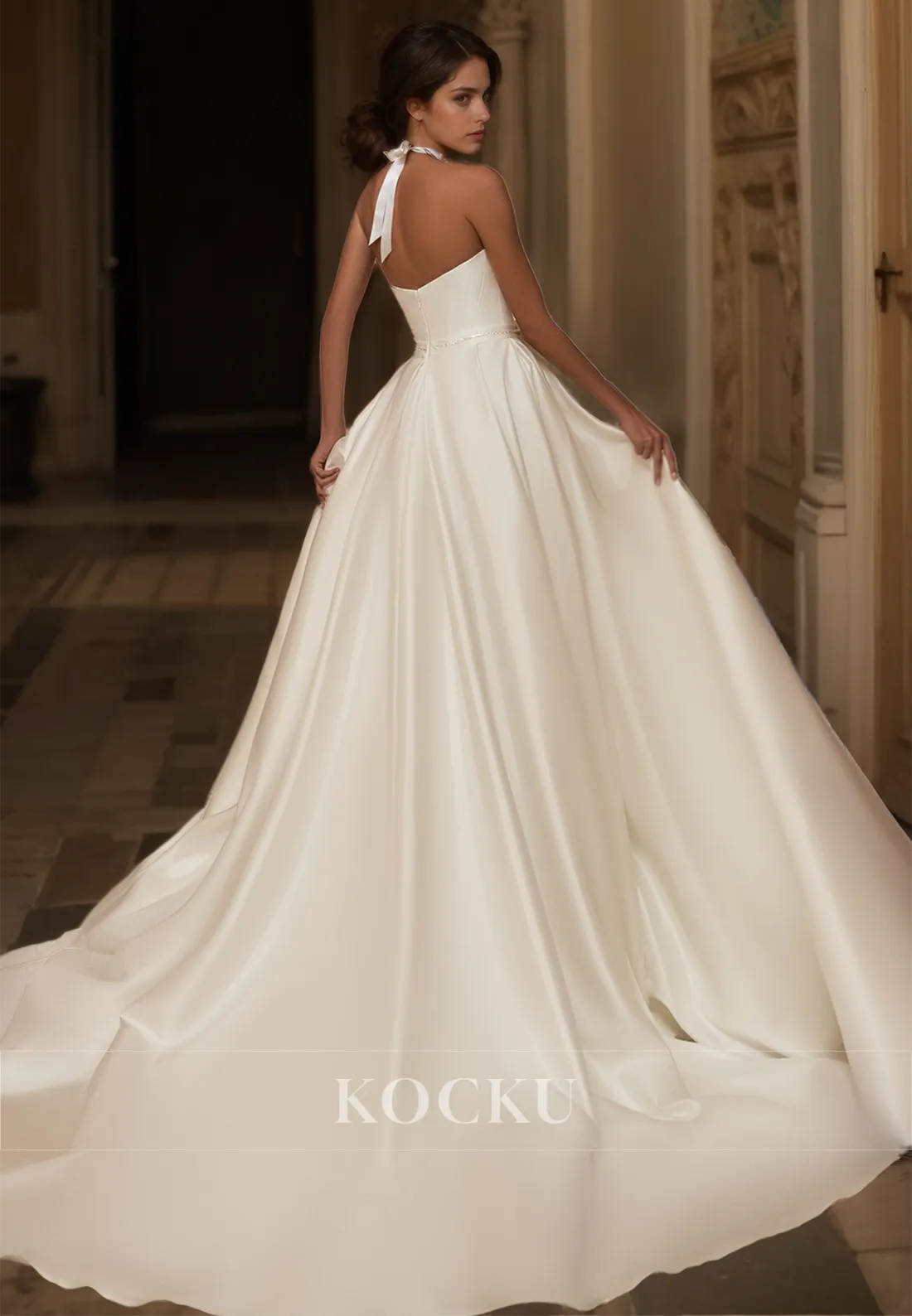 Sweetheart A-Line Sleeveless Stripe High Slit Train Pleats Satin Wedding Dress Bridal Gowns with Bows