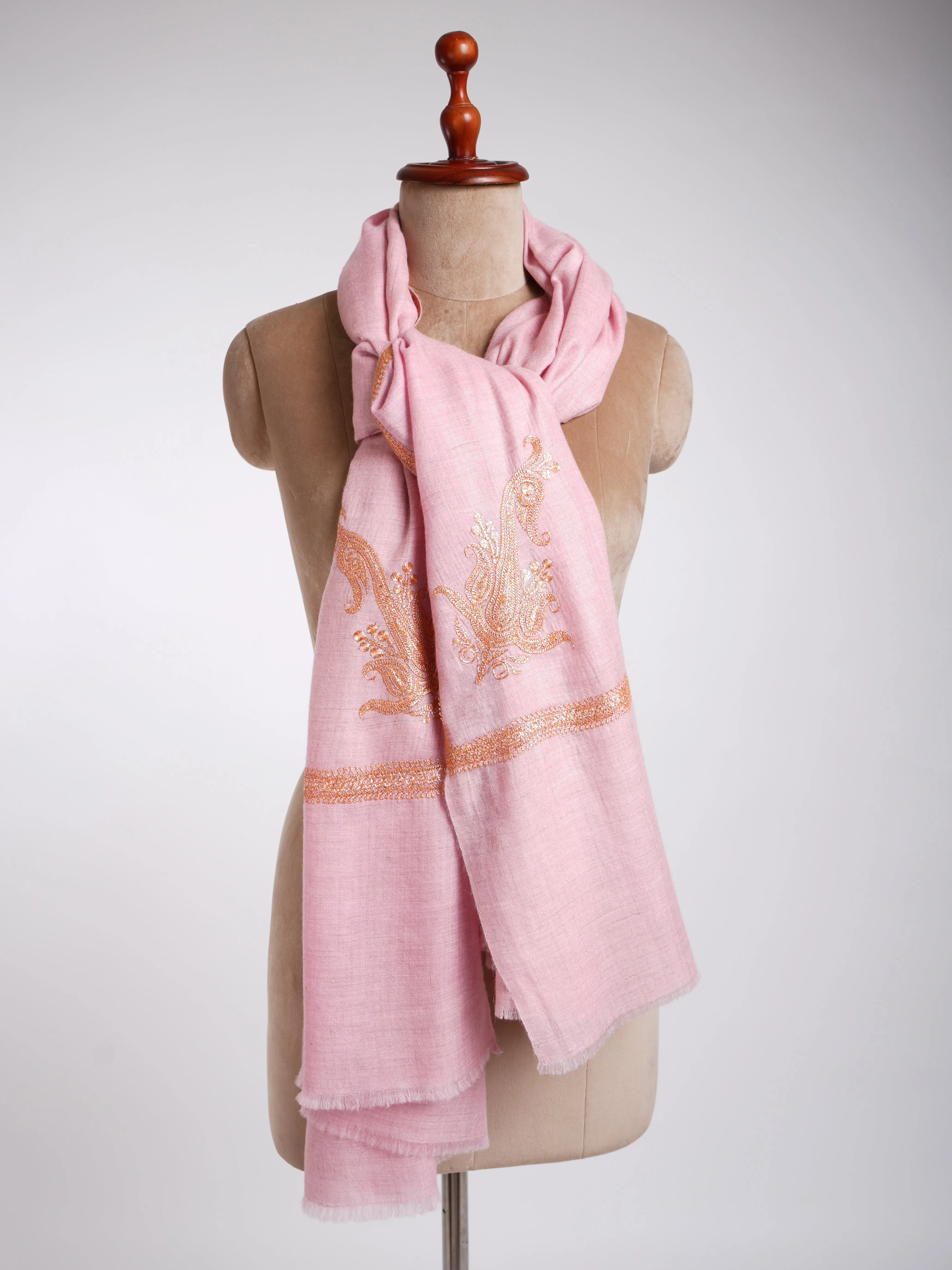 Tilla Work Golden Embroidery Pink Pashmina Shawl