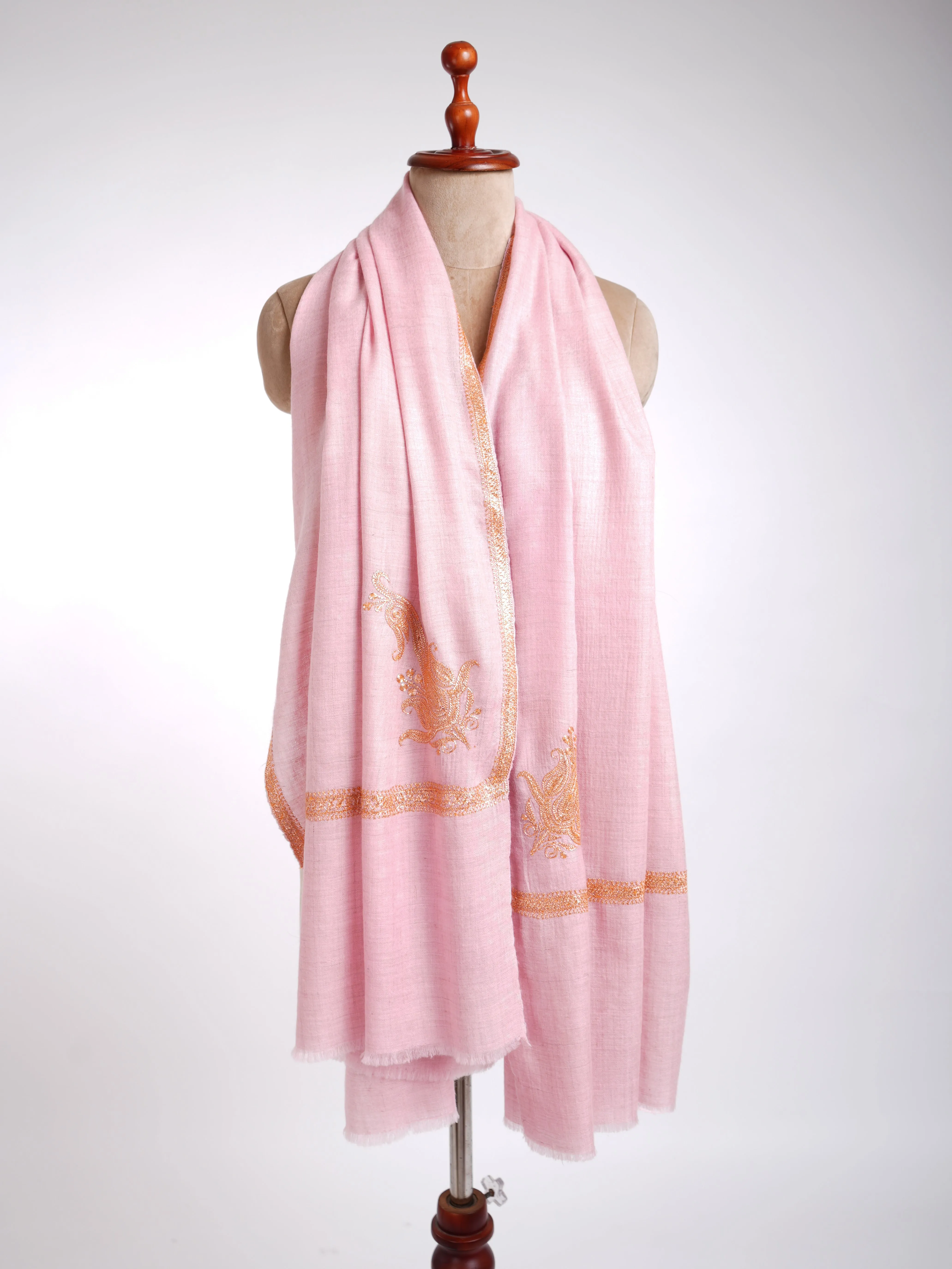 Tilla Work Golden Embroidery Pink Pashmina Shawl