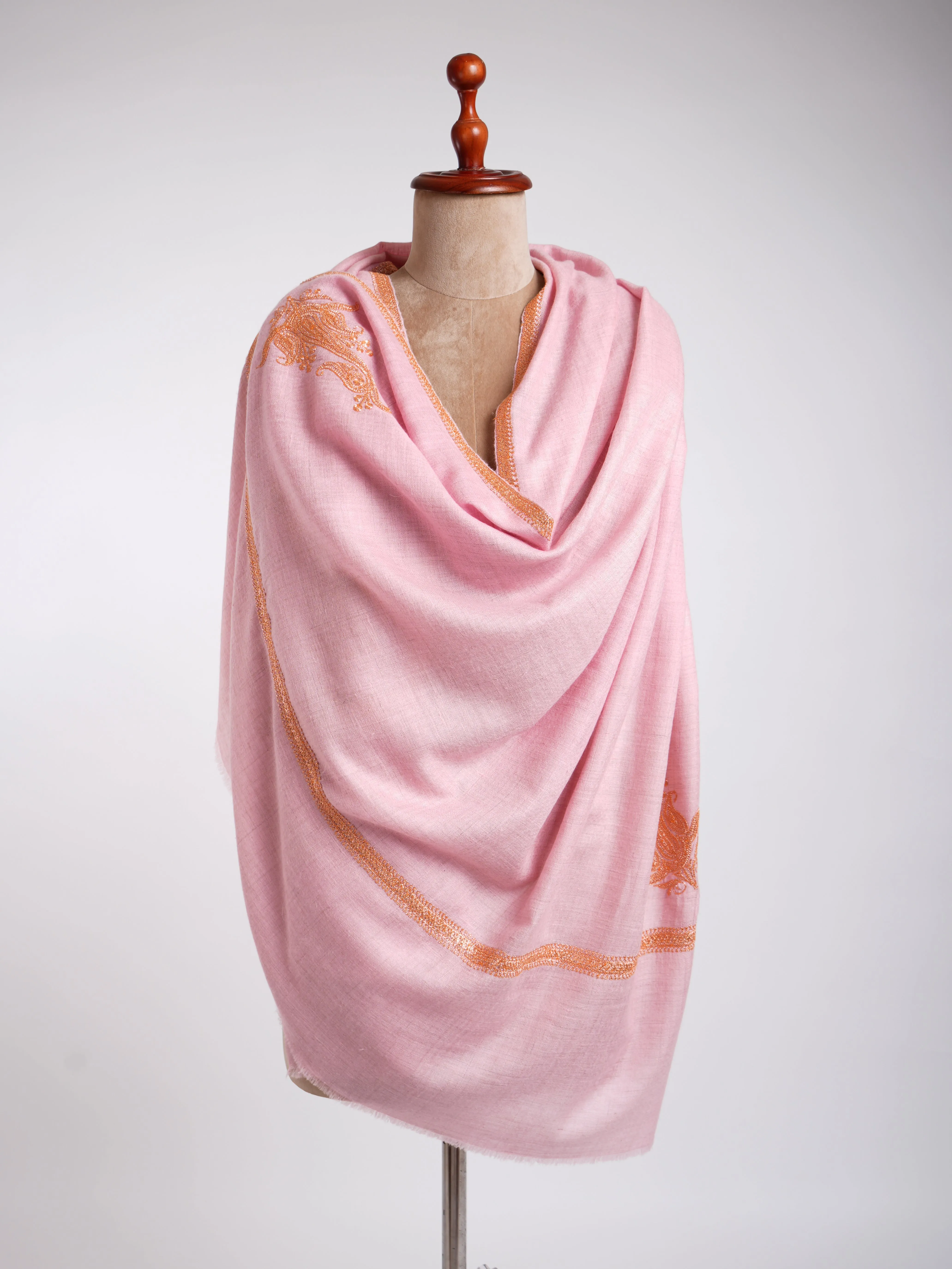 Tilla Work Golden Embroidery Pink Pashmina Shawl