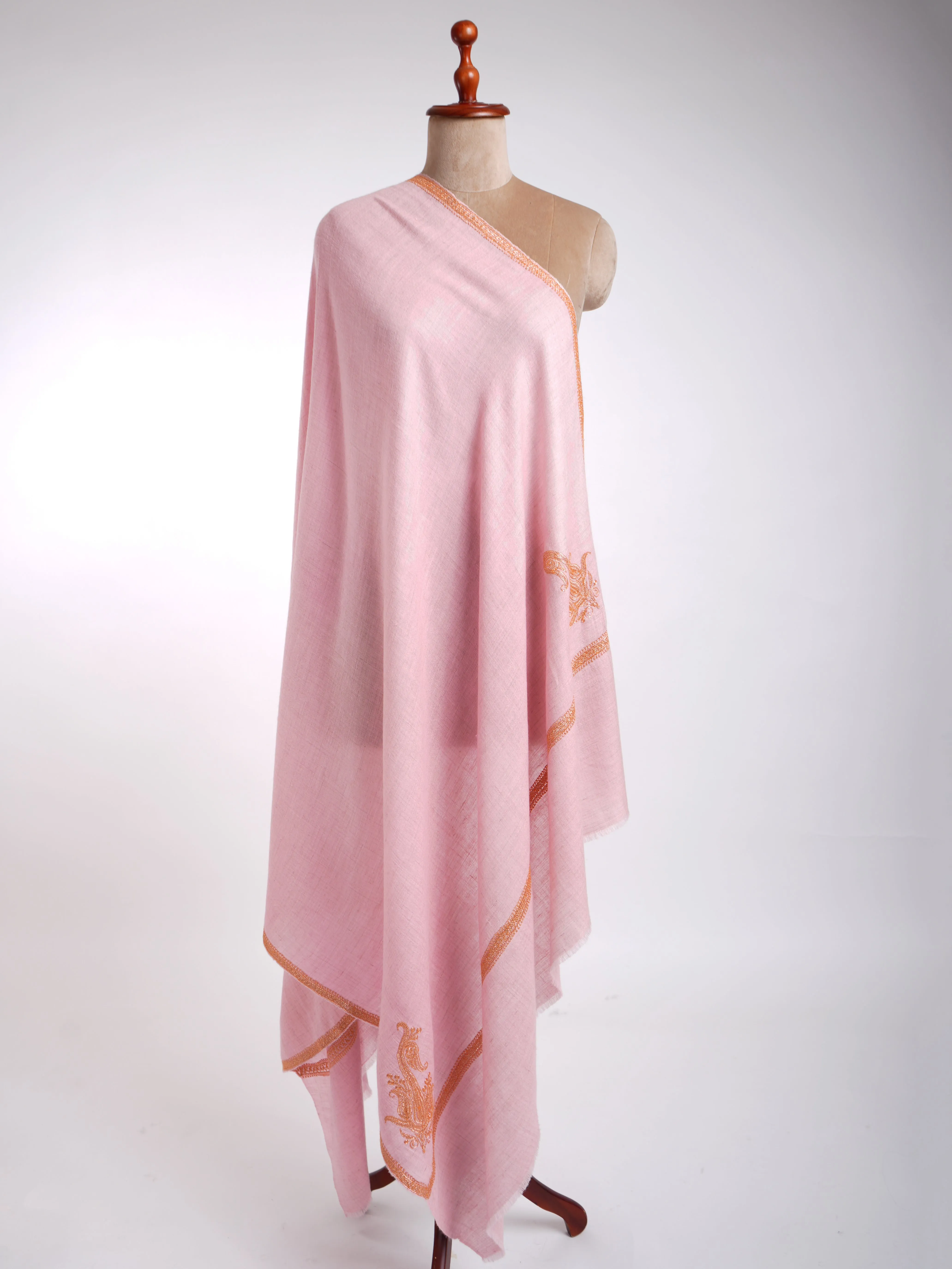 Tilla Work Golden Embroidery Pink Pashmina Shawl