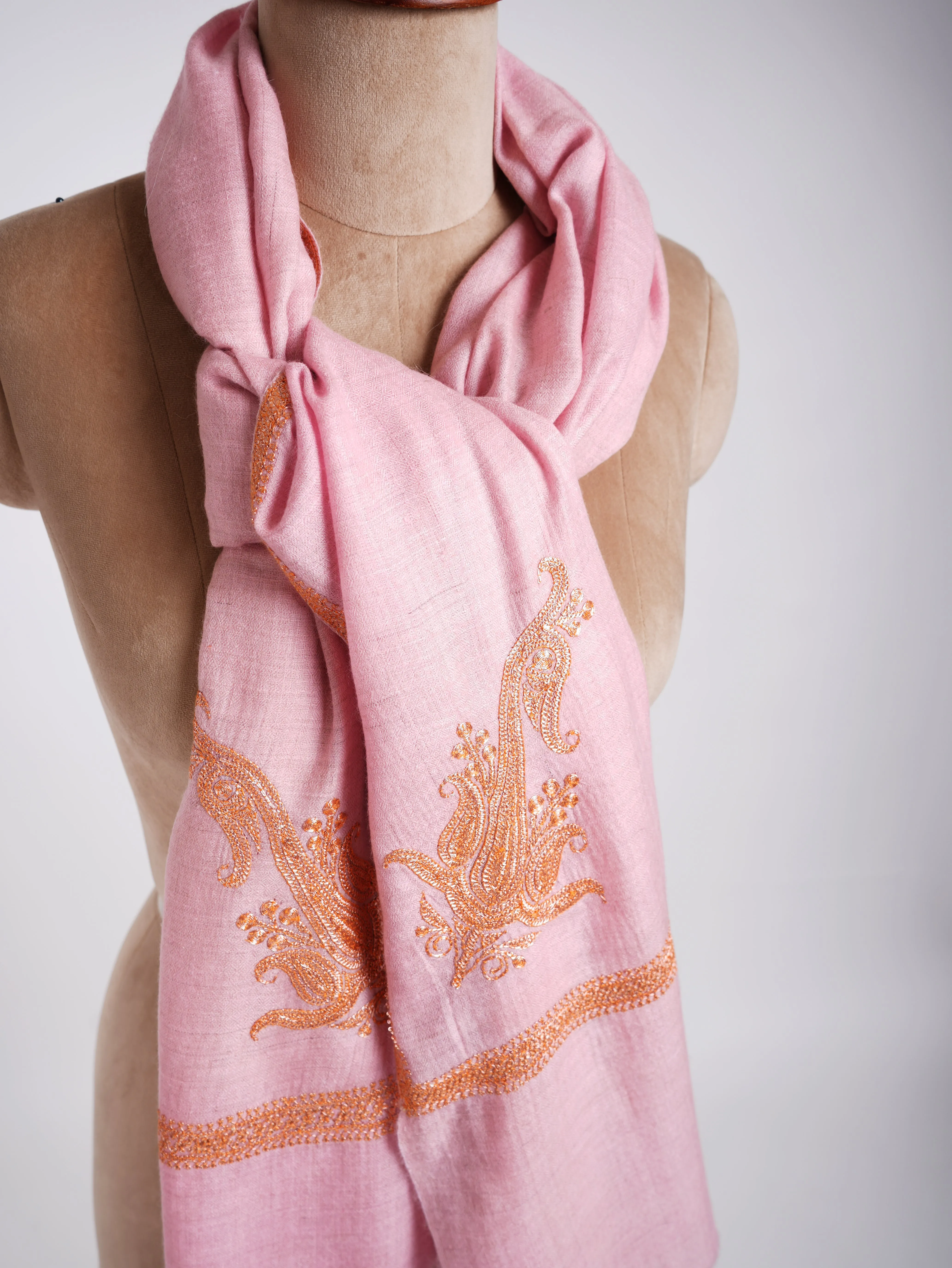 Tilla Work Golden Embroidery Pink Pashmina Shawl