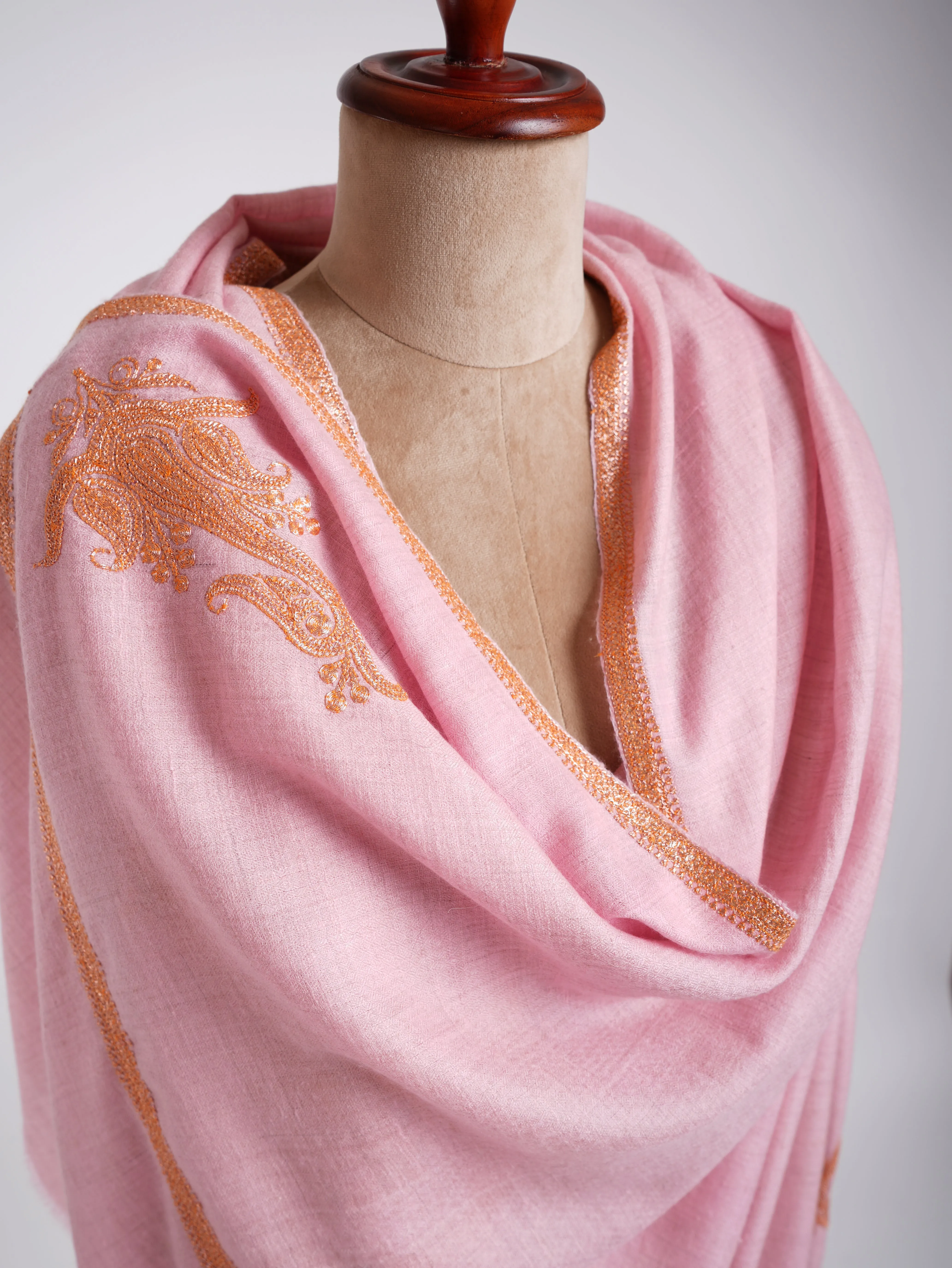 Tilla Work Golden Embroidery Pink Pashmina Shawl