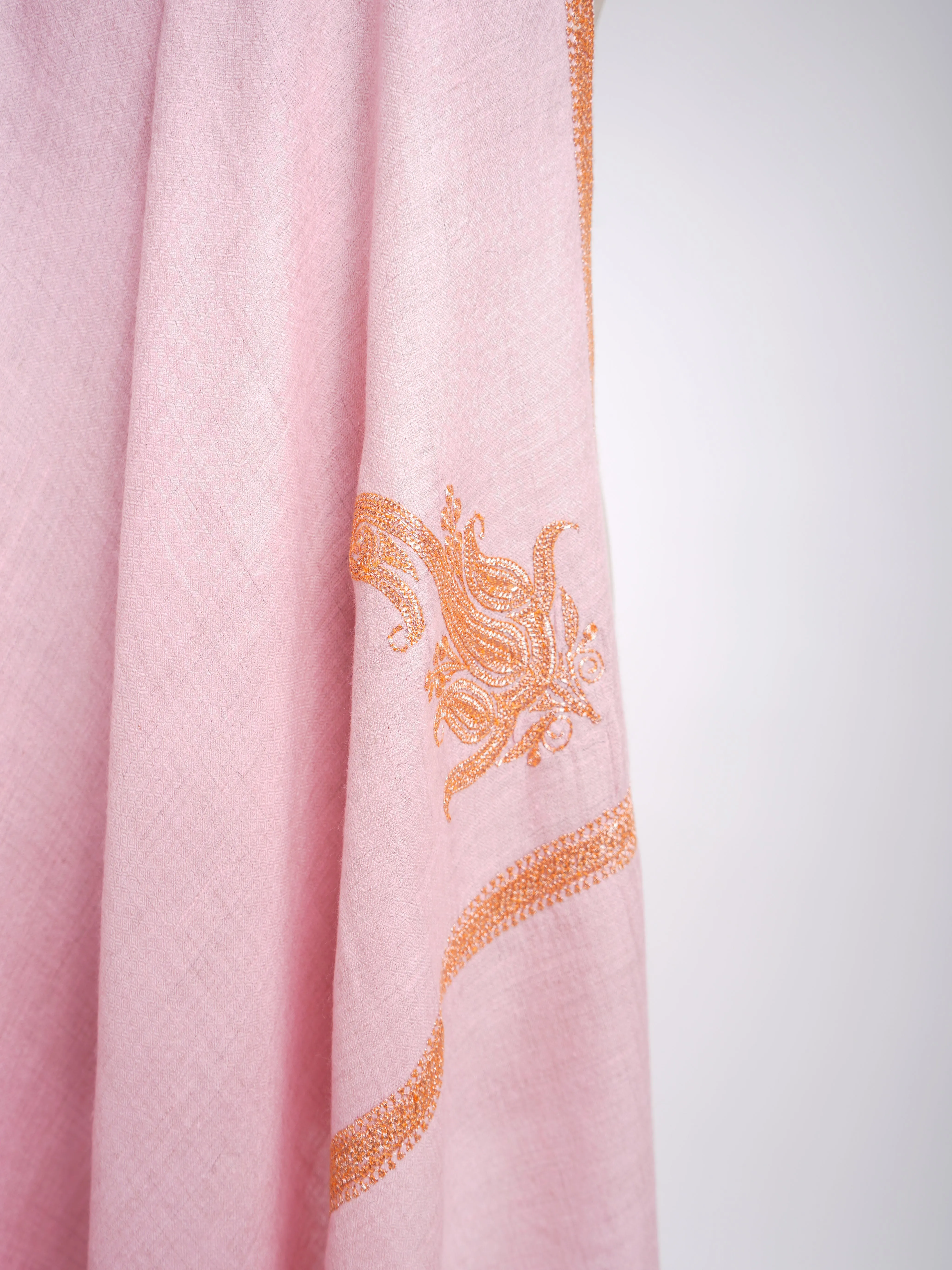 Tilla Work Golden Embroidery Pink Pashmina Shawl