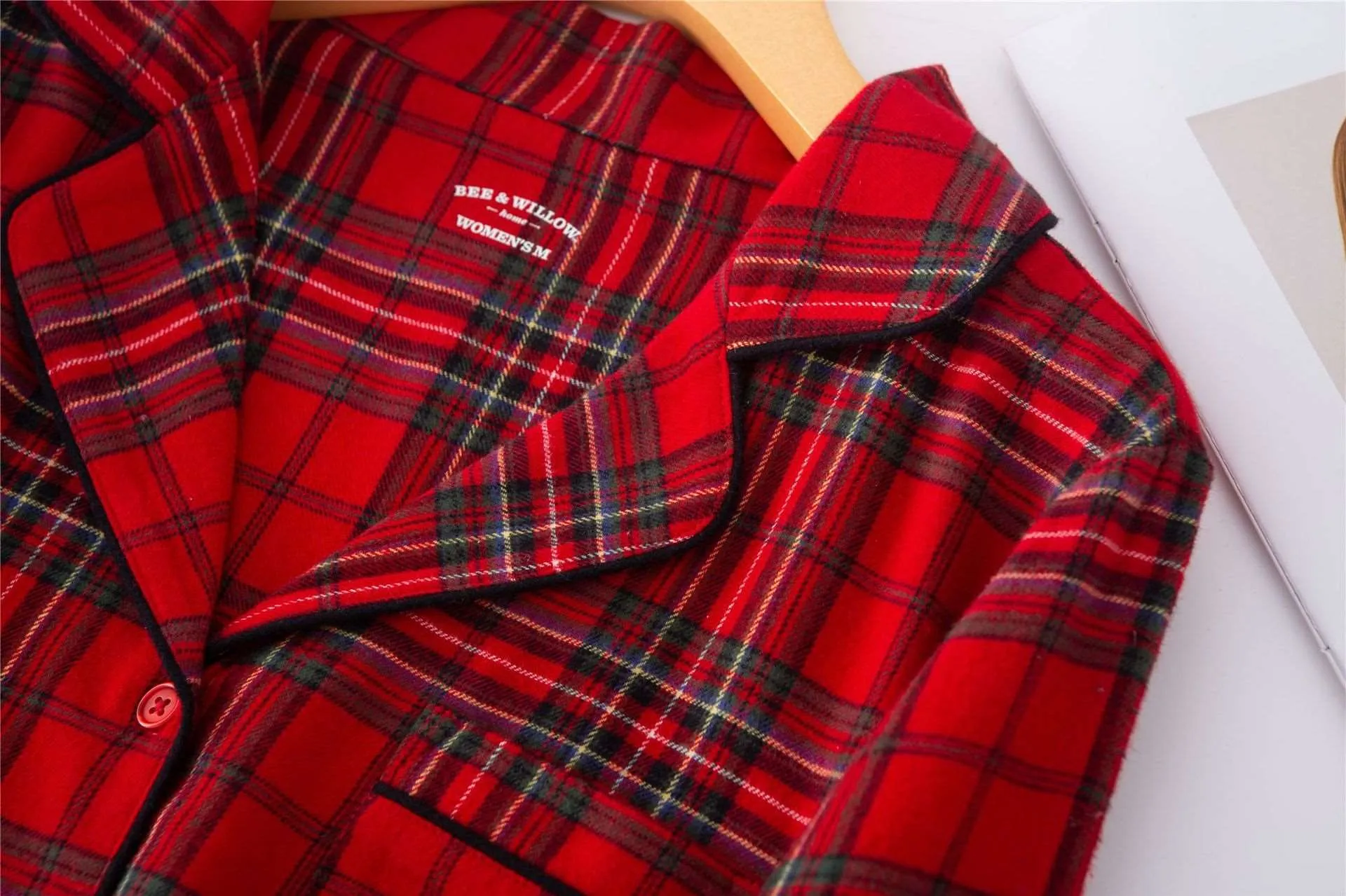 Unisex Couple Red Plaid Loose Long Sleeves Flannel Pajamas Set