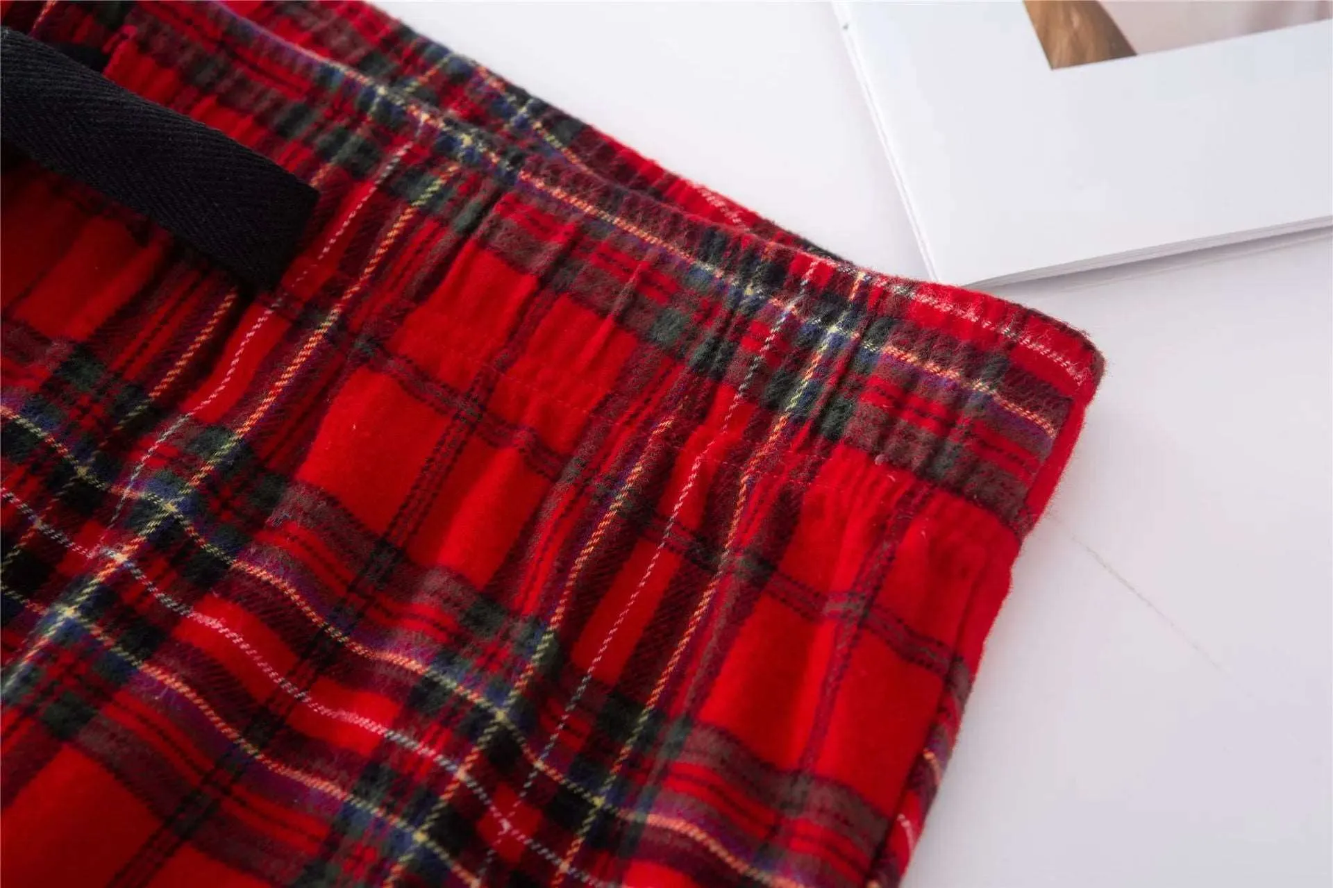 Unisex Couple Red Plaid Loose Long Sleeves Flannel Pajamas Set