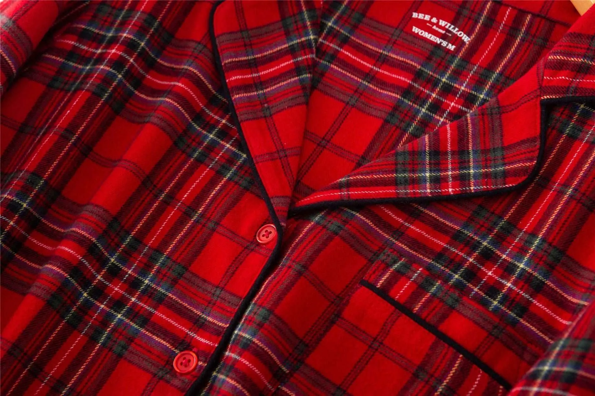Unisex Couple Red Plaid Loose Long Sleeves Flannel Pajamas Set