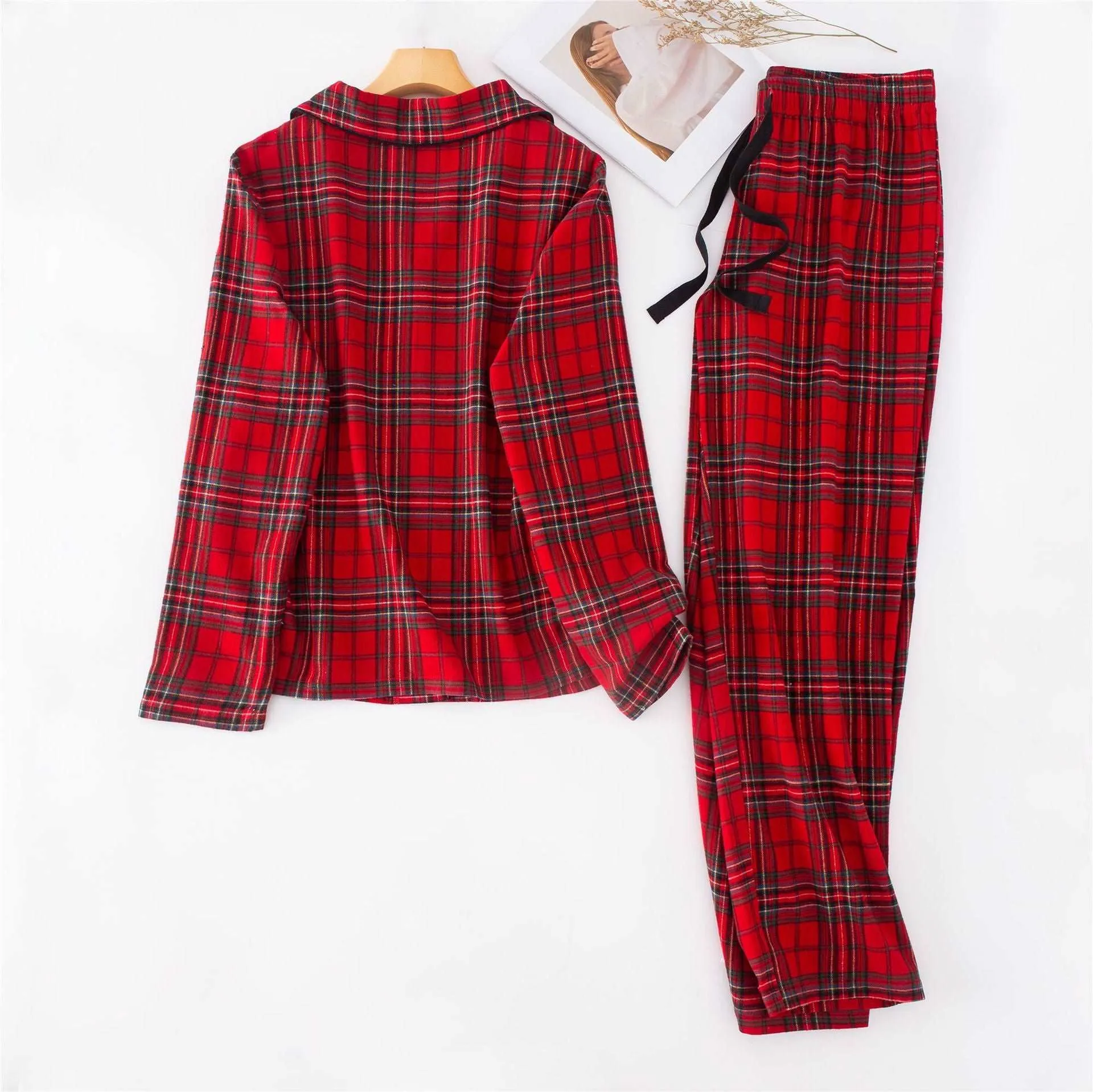 Unisex Couple Red Plaid Loose Long Sleeves Flannel Pajamas Set