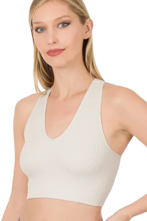 Vanilla Girl Bone Ribbed V-Neck Racerback Athletic Sports Bra
