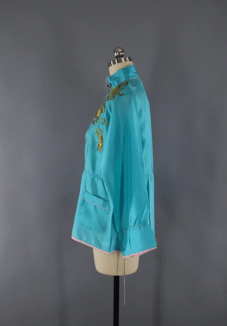 Vintage 1950s Embroidered Blue Satin Dragon Pajama Top