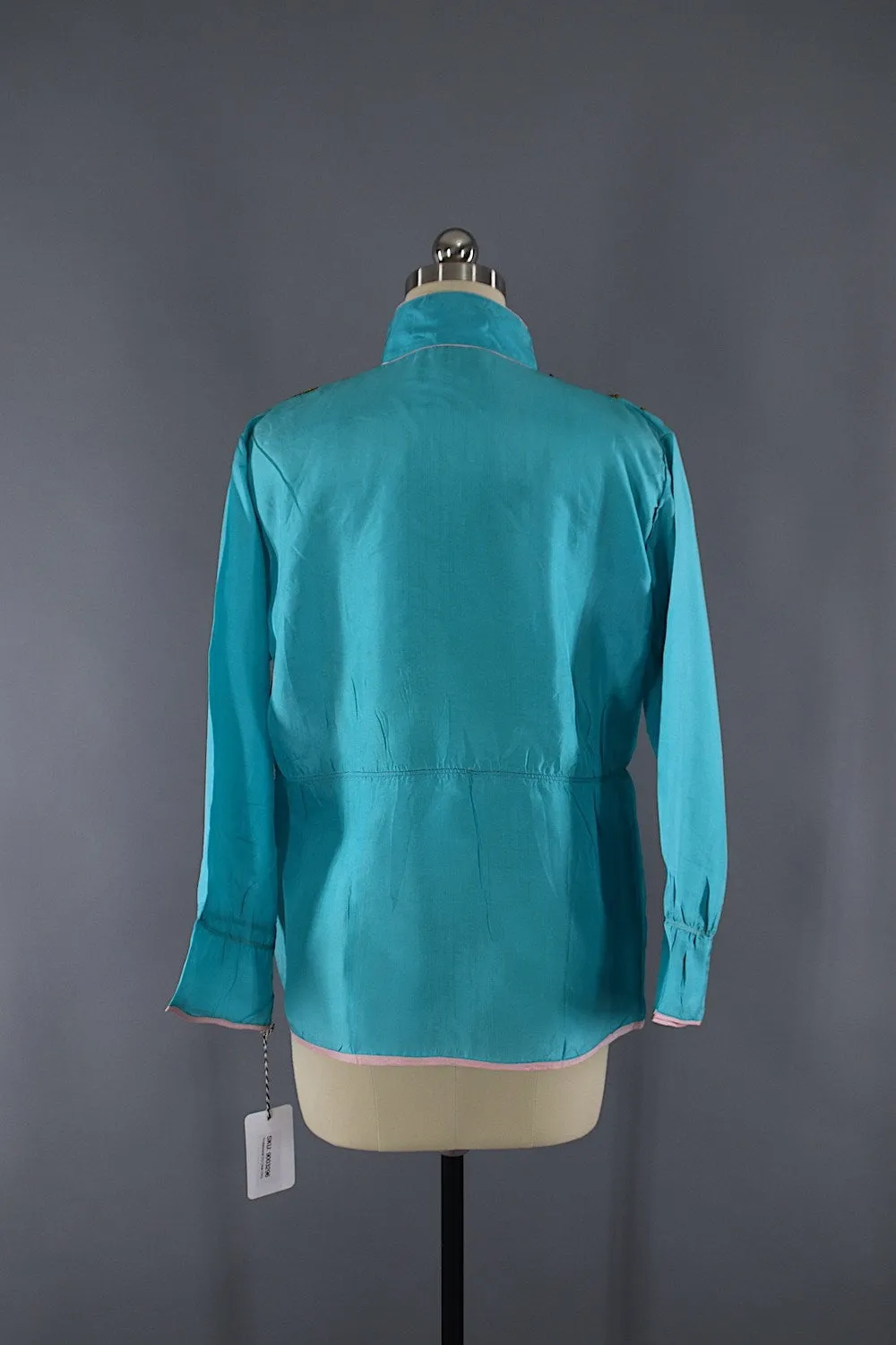 Vintage 1950s Embroidered Blue Satin Dragon Pajama Top