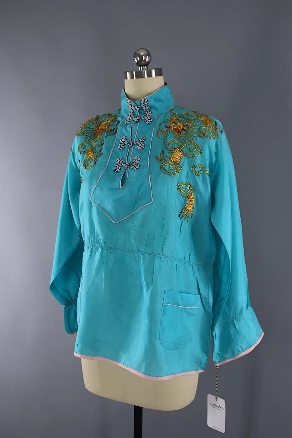 Vintage 1950s Embroidered Blue Satin Dragon Pajama Top
