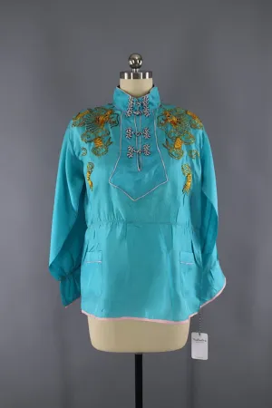 Vintage 1950s Embroidered Blue Satin Dragon Pajama Top