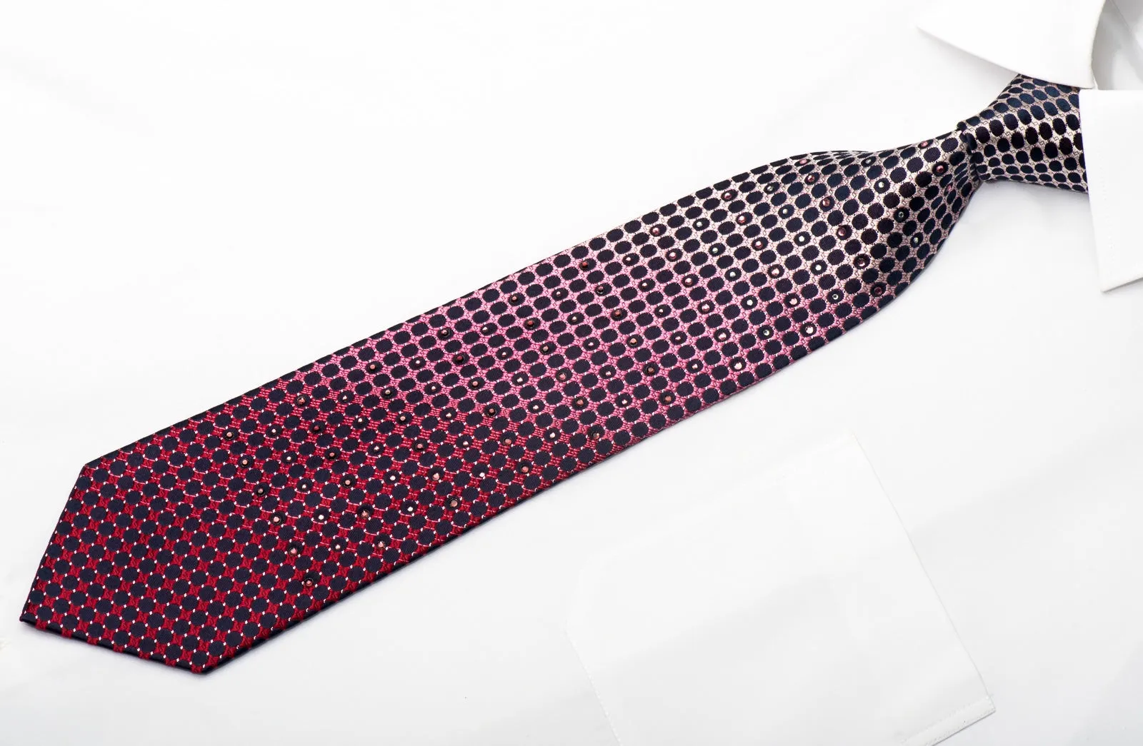Vito Rufolo Men's Silk Necktie Geometric Dots On Burgundy Sparkling With Rhinestones