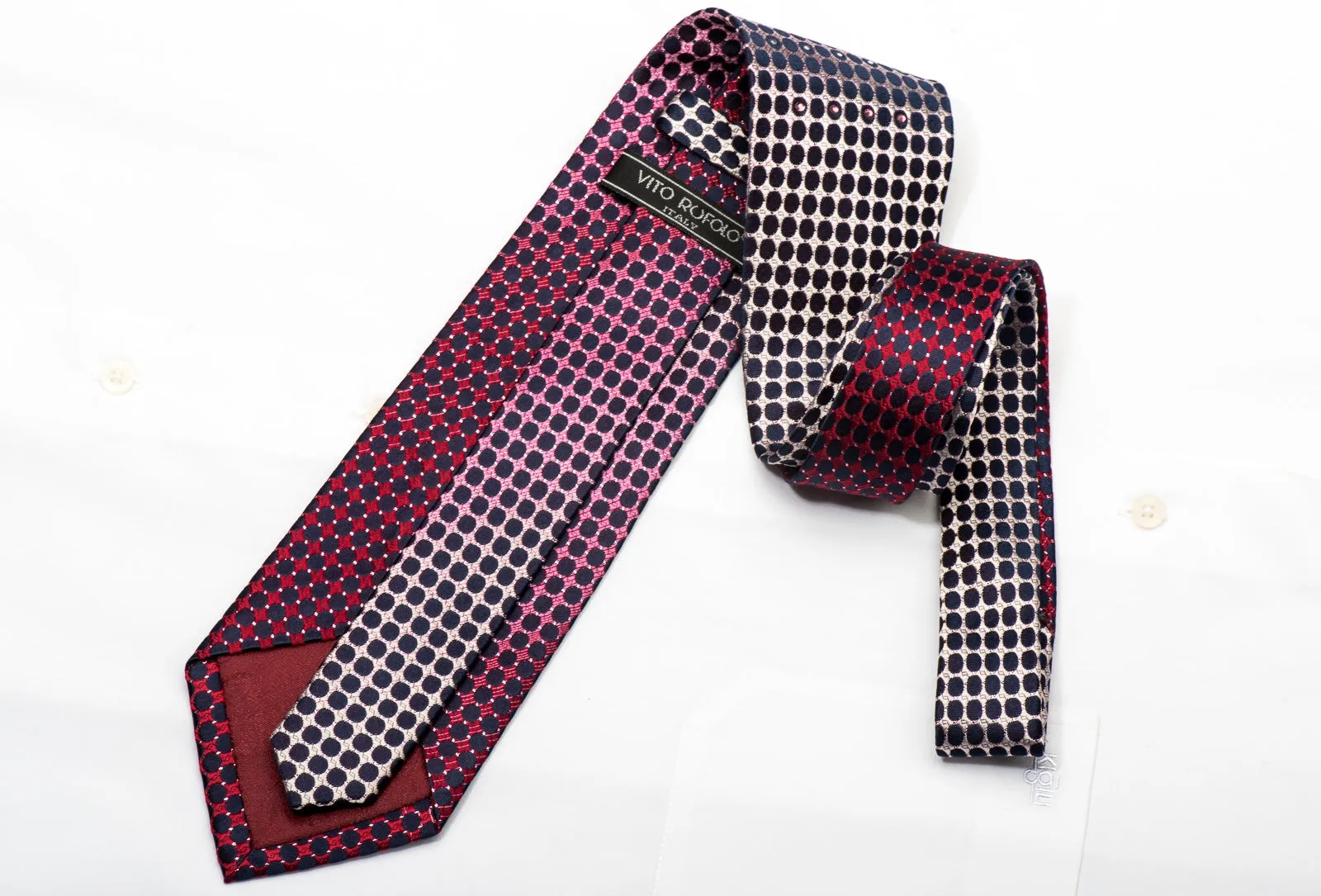 Vito Rufolo Men's Silk Necktie Geometric Dots On Burgundy Sparkling With Rhinestones