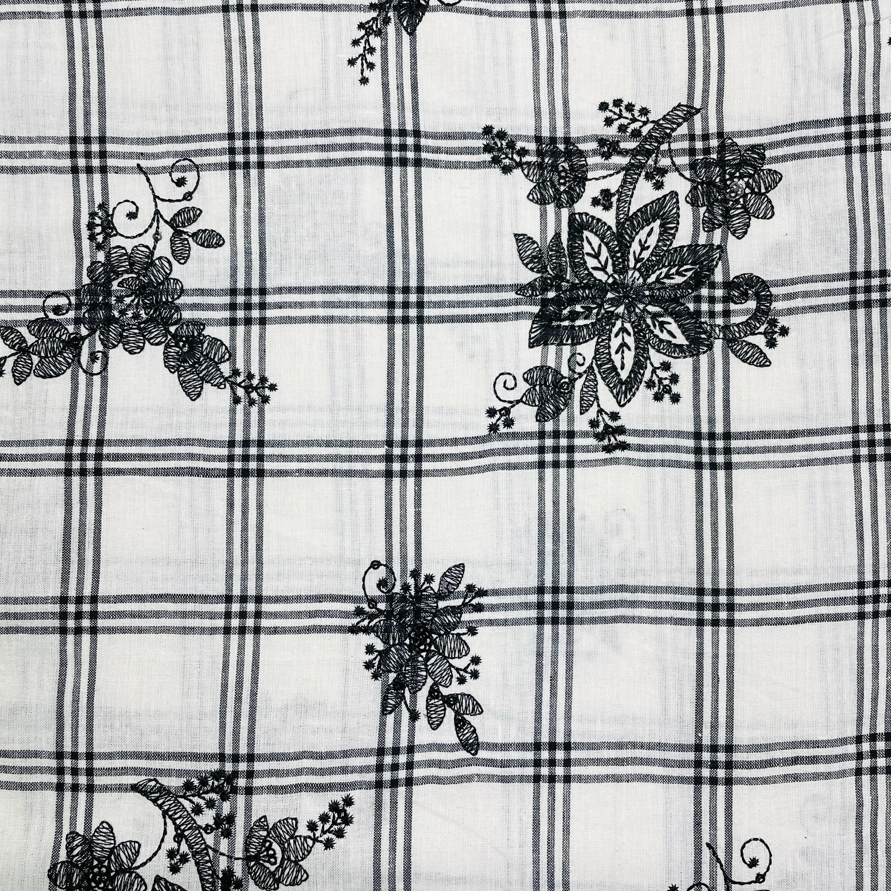 White & Black Check & Floral Sequins Thread Embroidery PF-9294