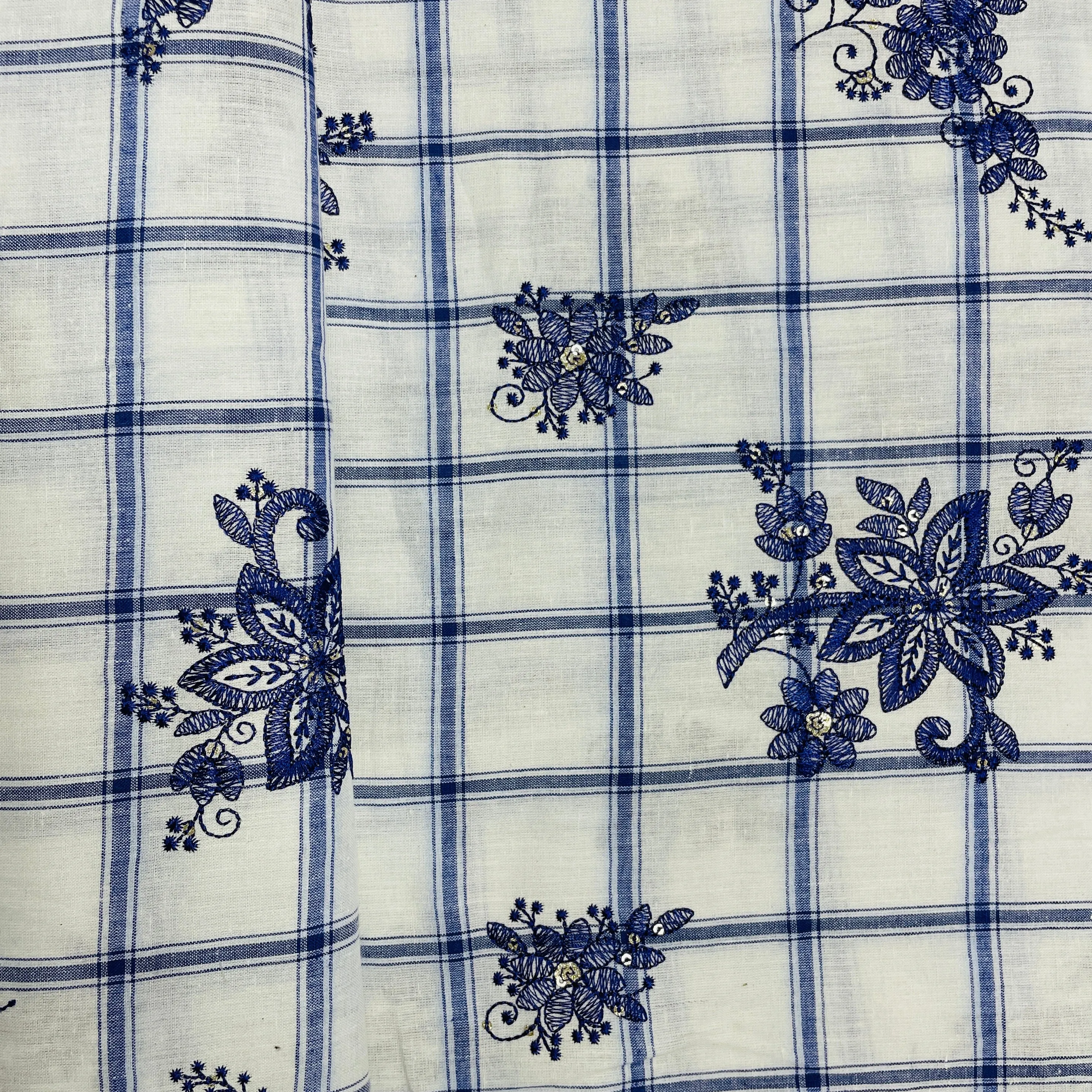 White & Purple Check & Floral Sequins Thread Embroidery Cotton Fabric