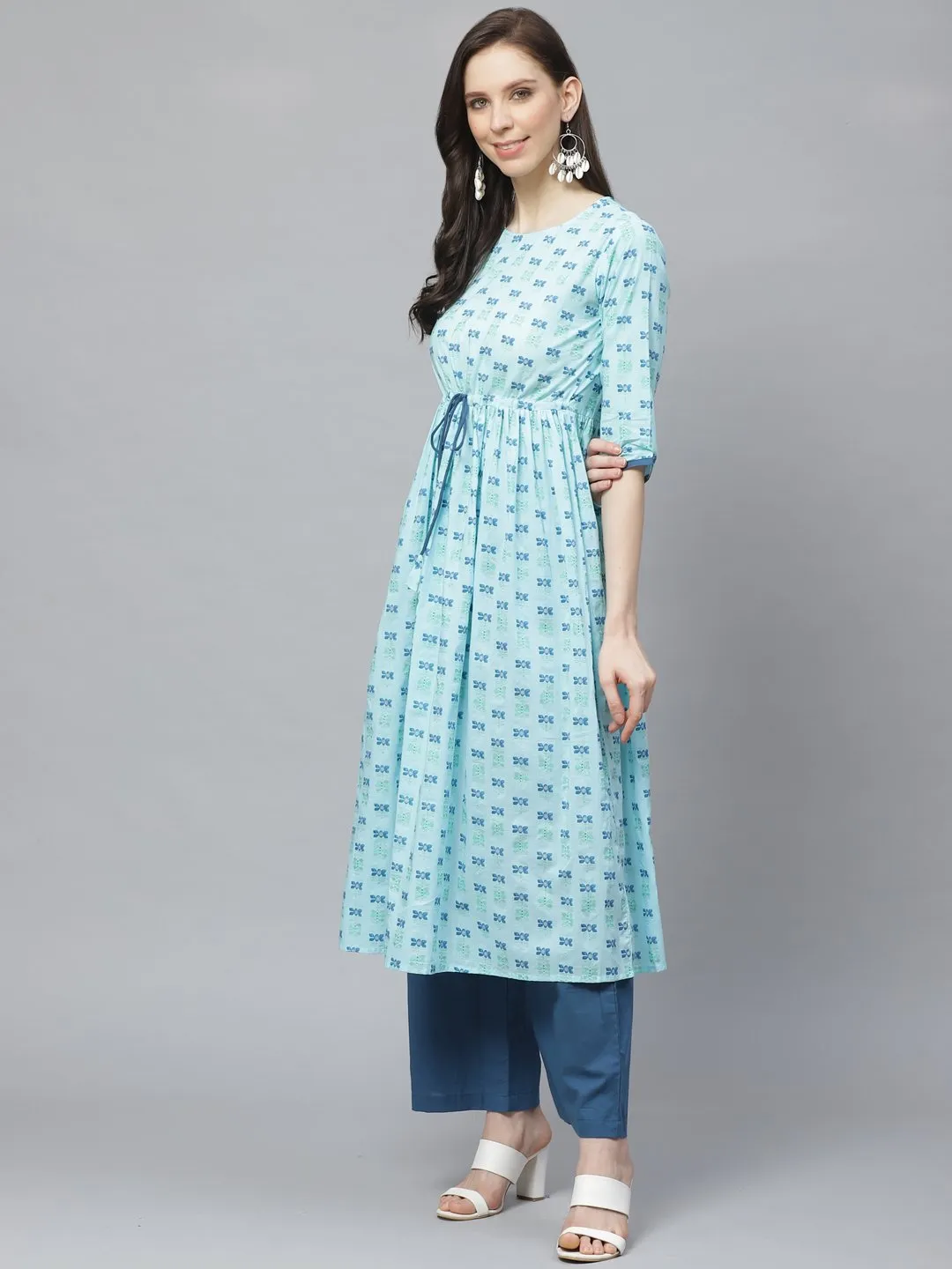 Women A-Line Waist Tie-Up Blue Printed Kurta & Palazzo Set
