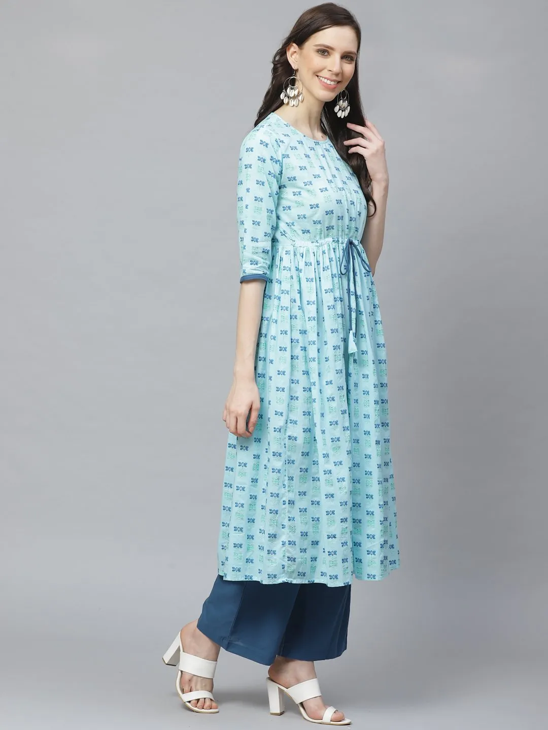 Women A-Line Waist Tie-Up Blue Printed Kurta & Palazzo Set