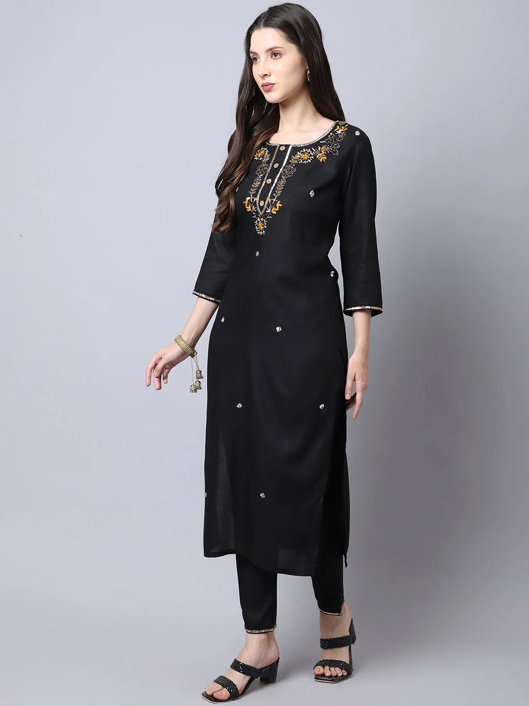 Women Black Rayon Kurta Set With Hand Embroidery