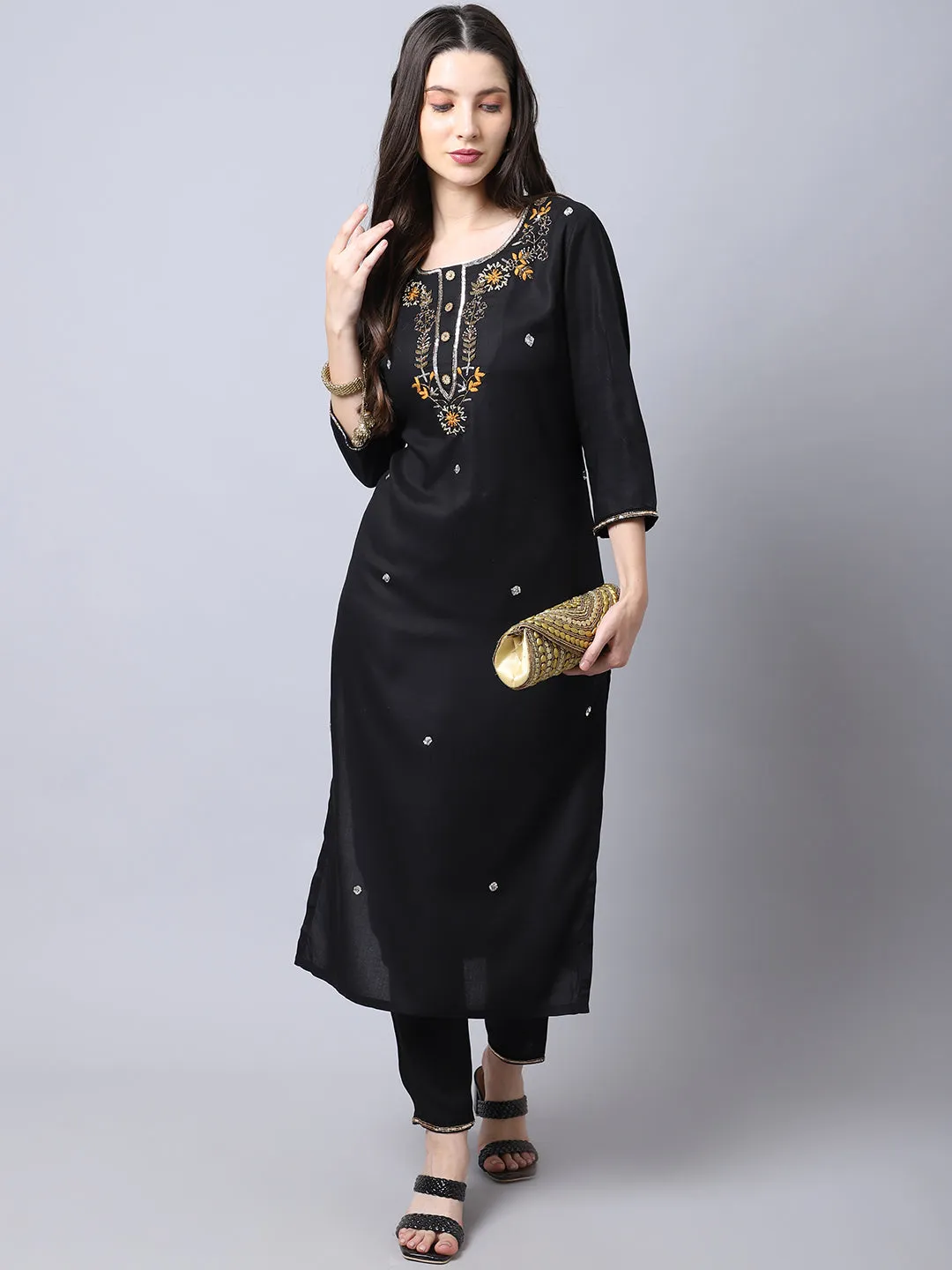 Women Black Rayon Kurta Set With Hand Embroidery
