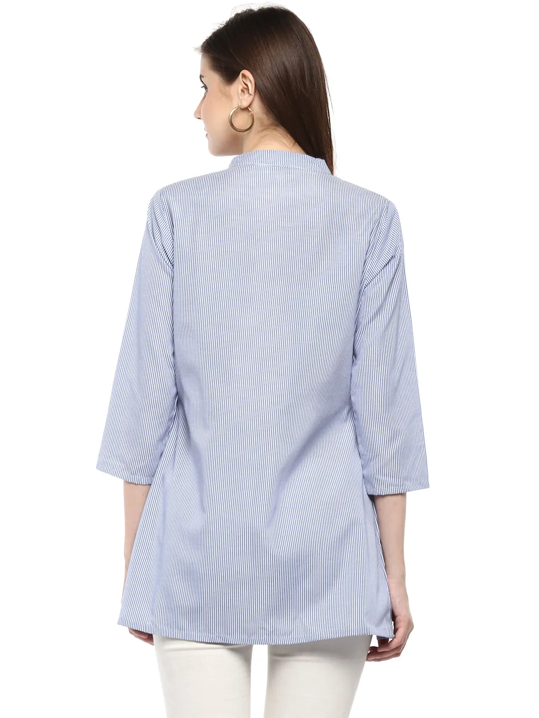 Women Blue Longline Striped A-Line Pure Cotton Top