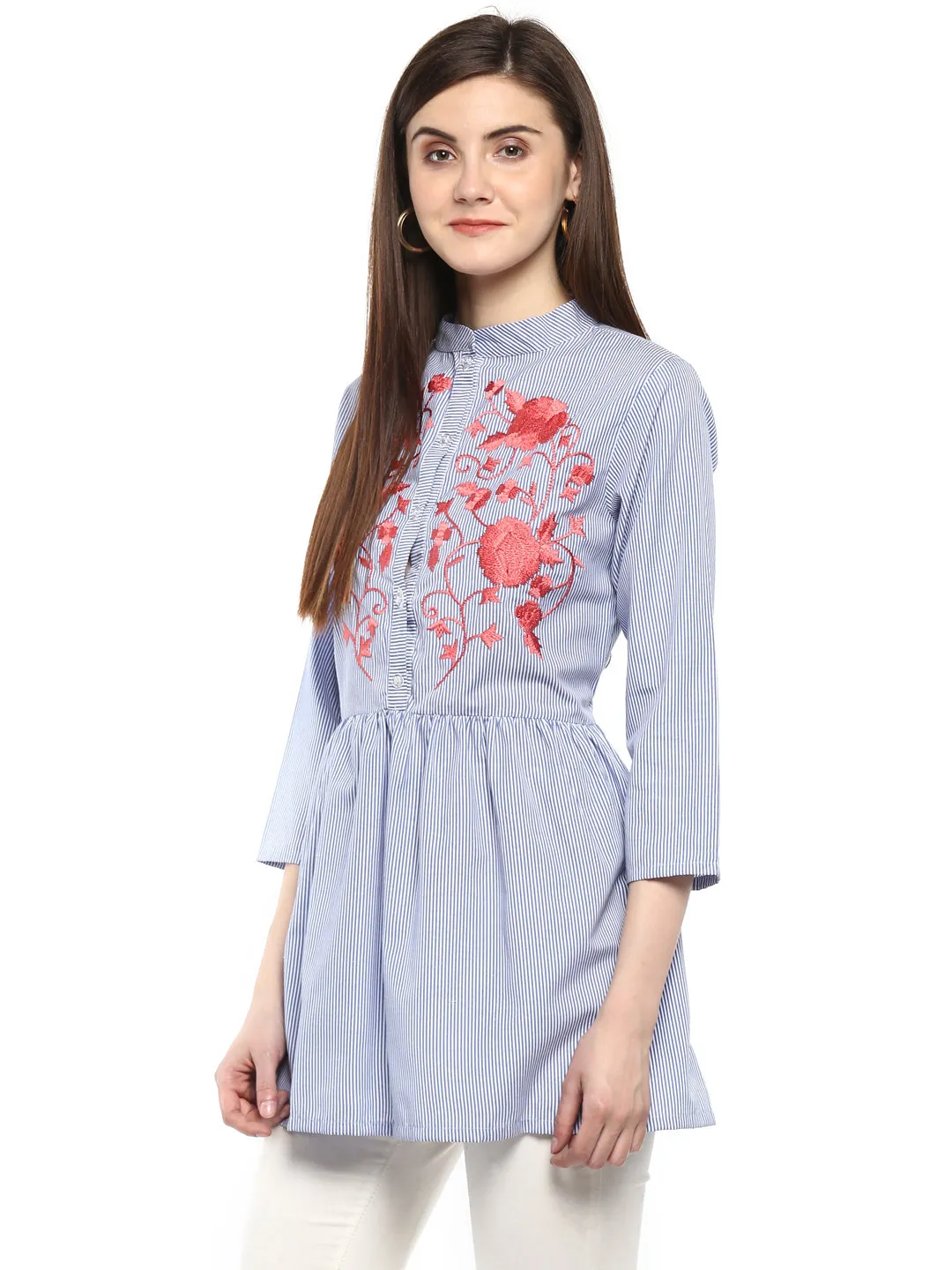 Women Blue Longline Striped A-Line Pure Cotton Top