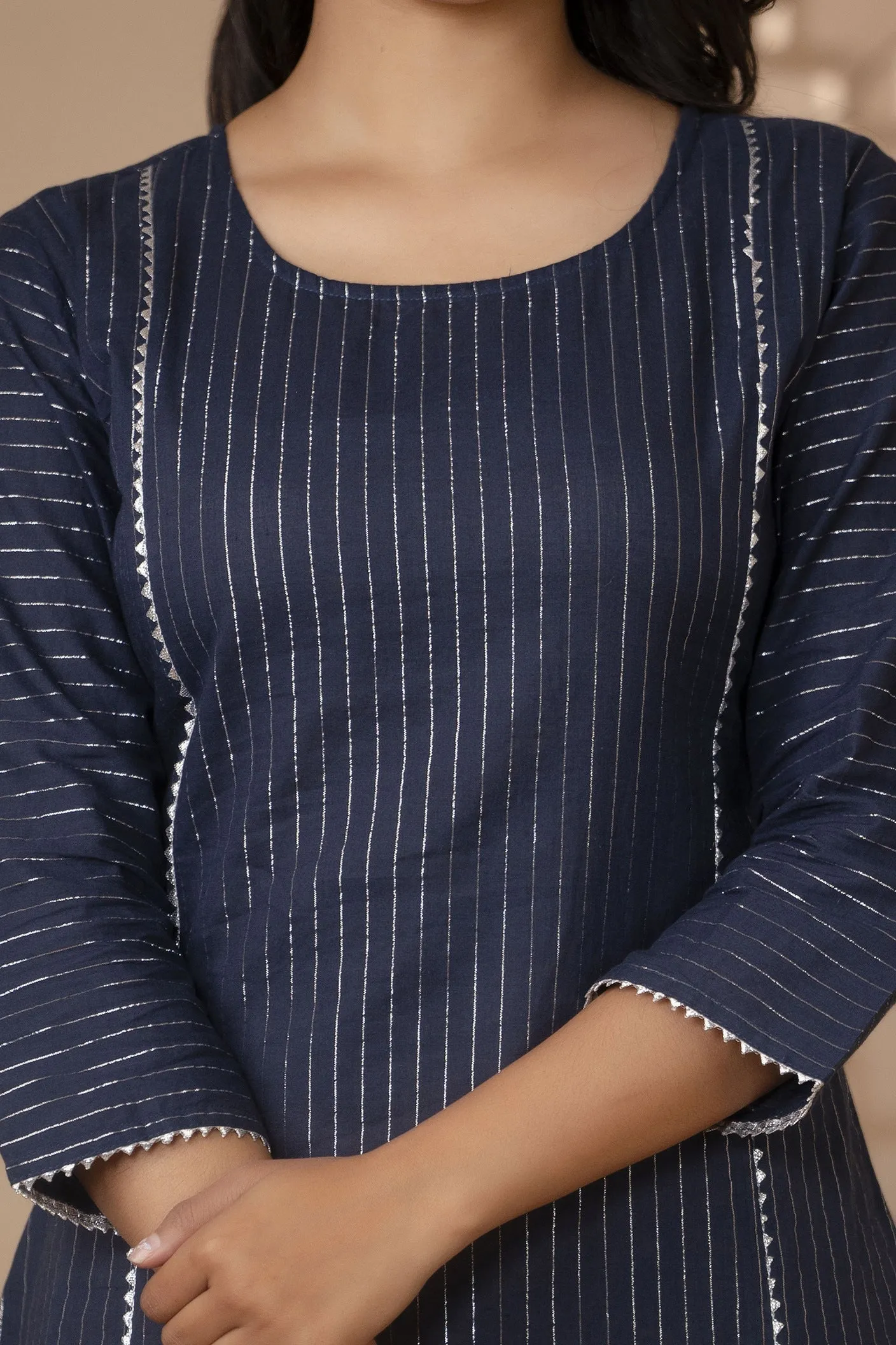 Women Navy Blue Striped Lurex Straight Kurta With Three Quarter Sleeves
