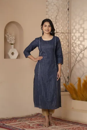 Women Navy Blue Striped Lurex Straight Kurta With Three Quarter Sleeves