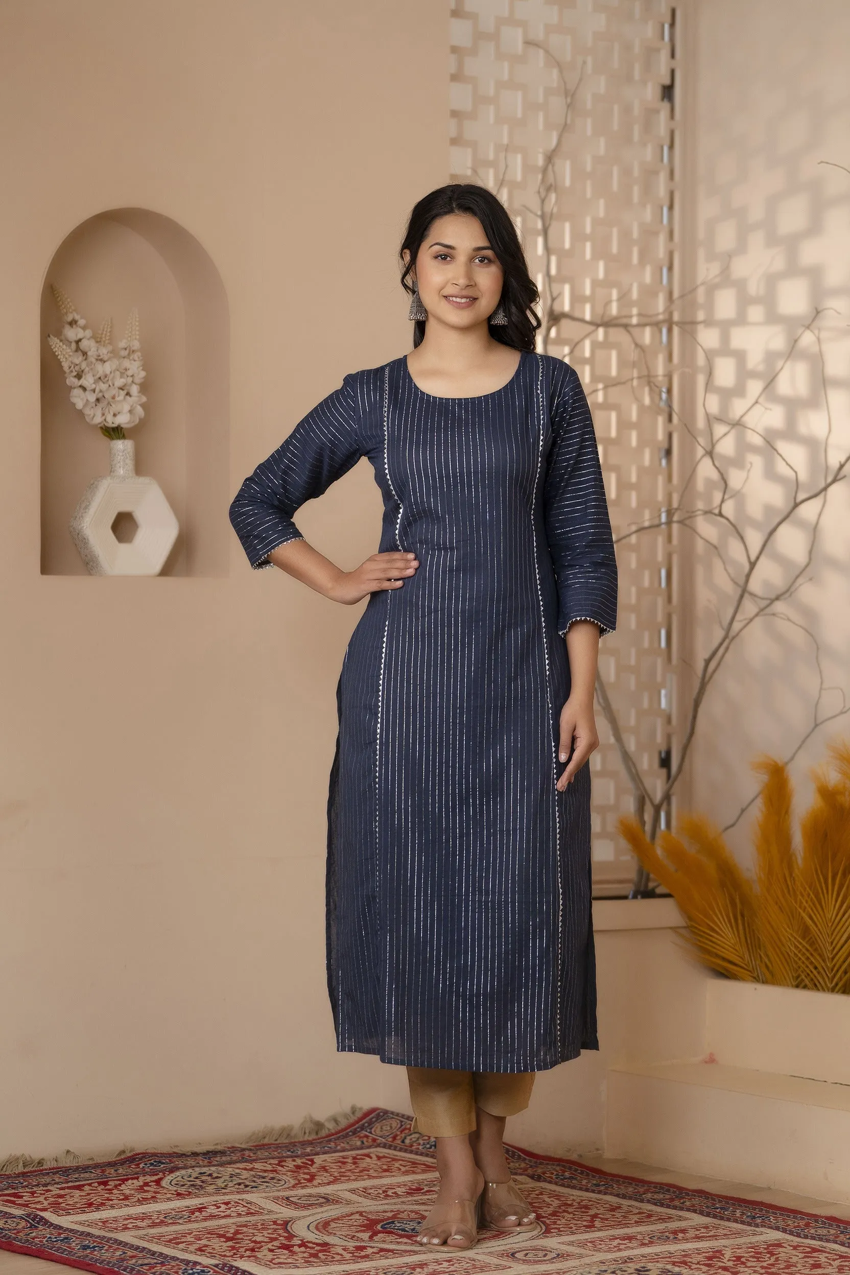 Women Navy Blue Striped Lurex Straight Kurta With Three Quarter Sleeves