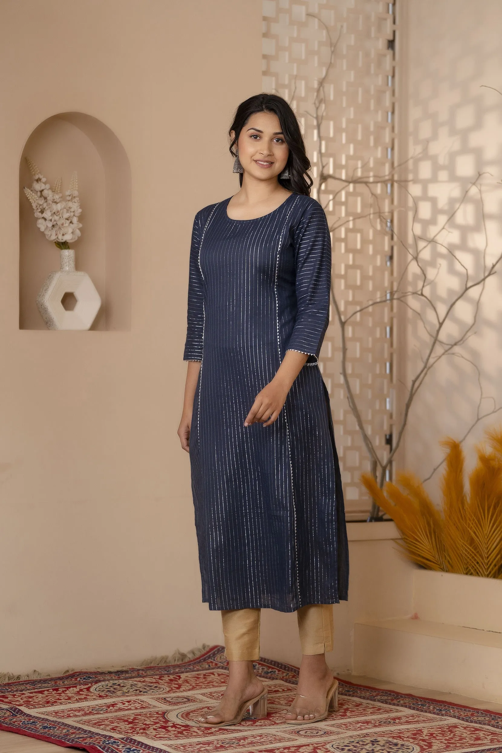 Women Navy Blue Striped Lurex Straight Kurta With Three Quarter Sleeves