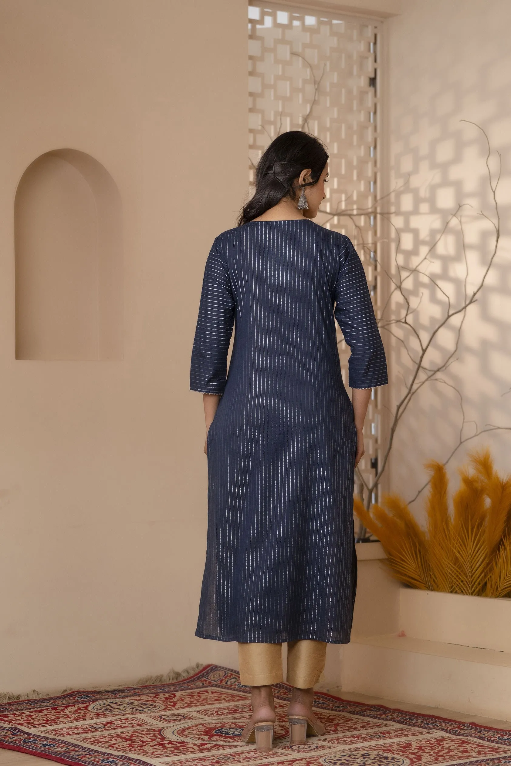 Women Navy Blue Striped Lurex Straight Kurta With Three Quarter Sleeves