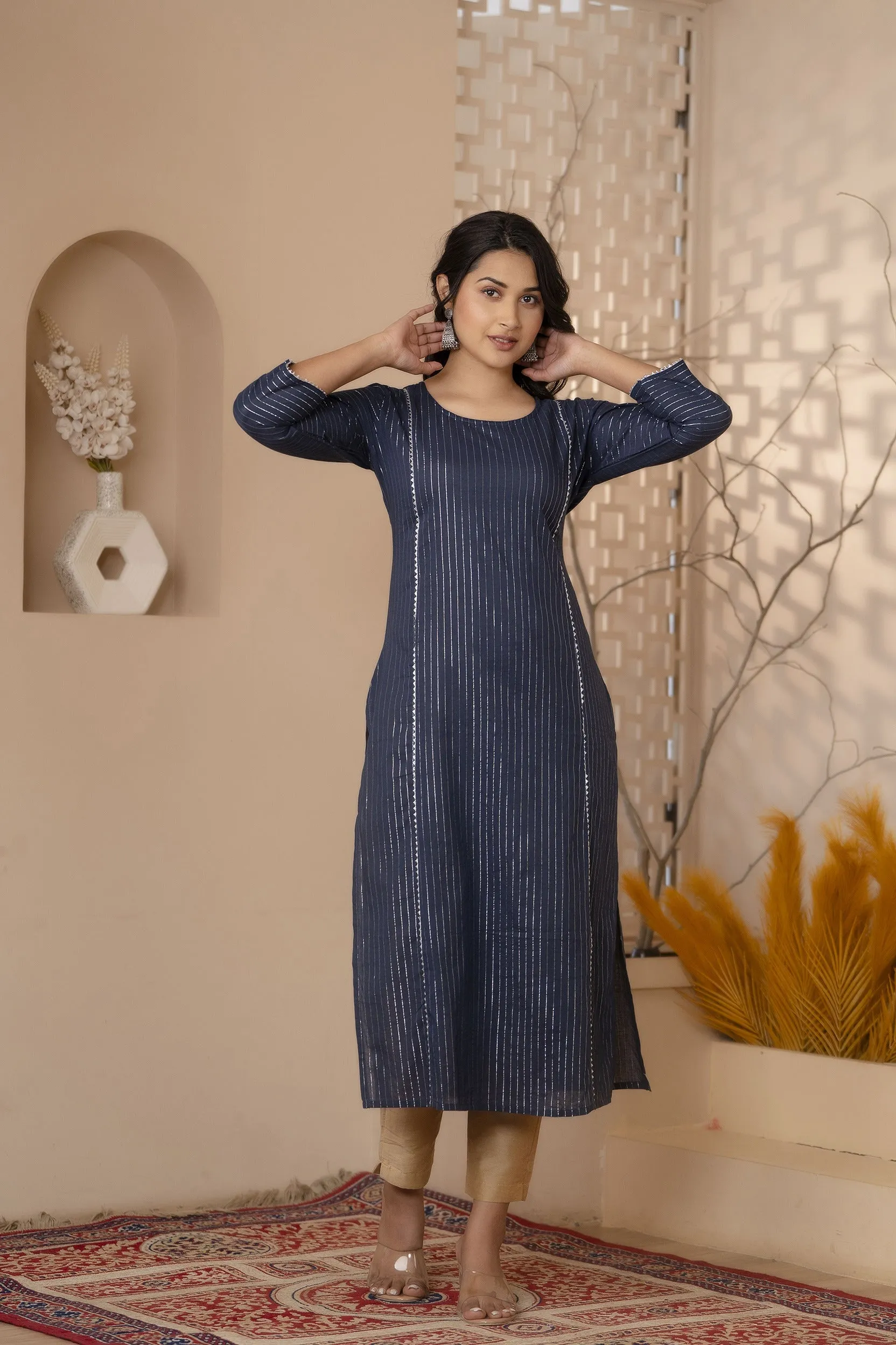 Women Navy Blue Striped Lurex Straight Kurta With Three Quarter Sleeves
