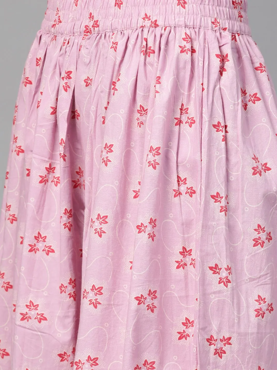 Women Pink & Green Straight Floral Printed Kurta And Skirt Set