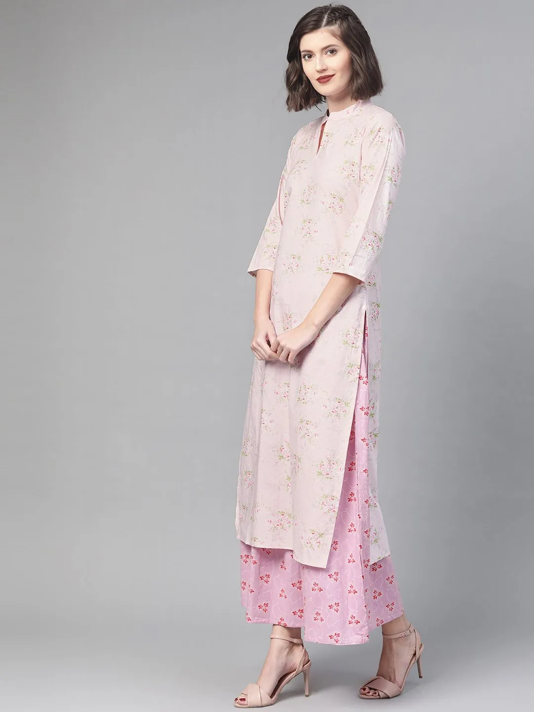 Women Pink & Green Straight Floral Printed Kurta And Skirt Set