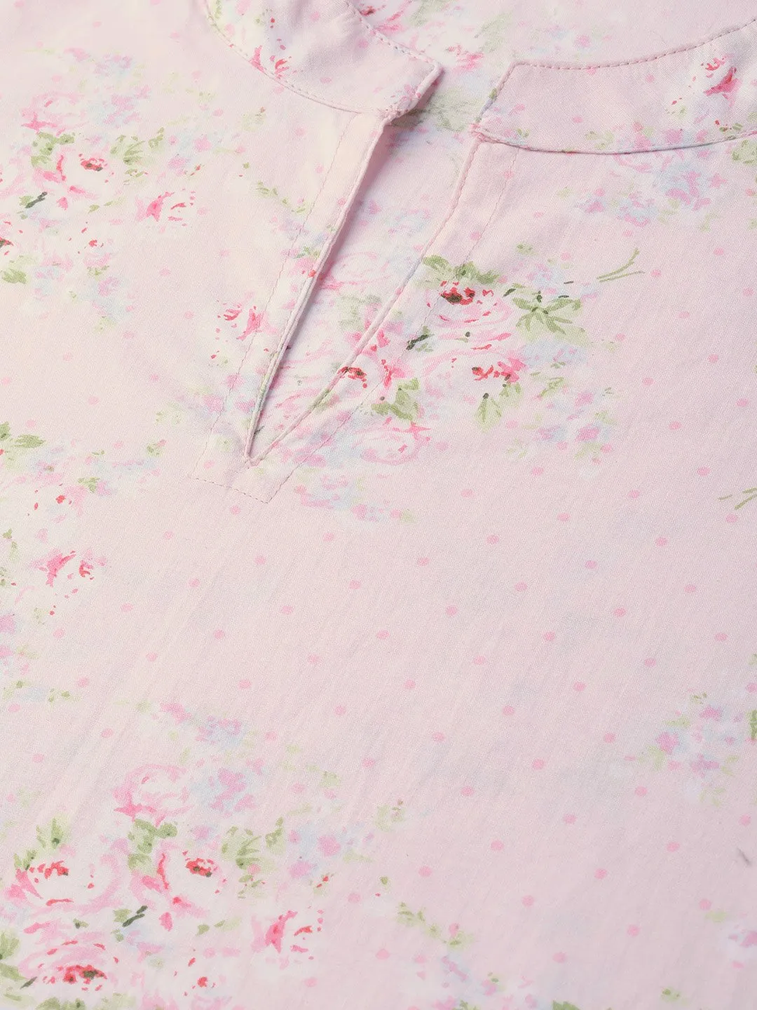 Women Pink & Green Straight Floral Printed Kurta And Skirt Set