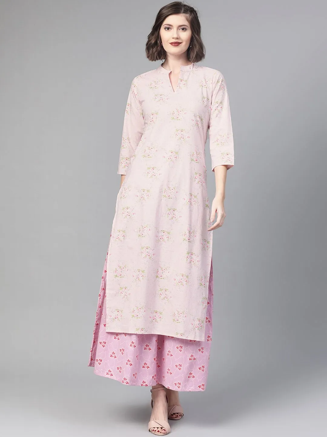 Women Pink & Green Straight Floral Printed Kurta And Skirt Set