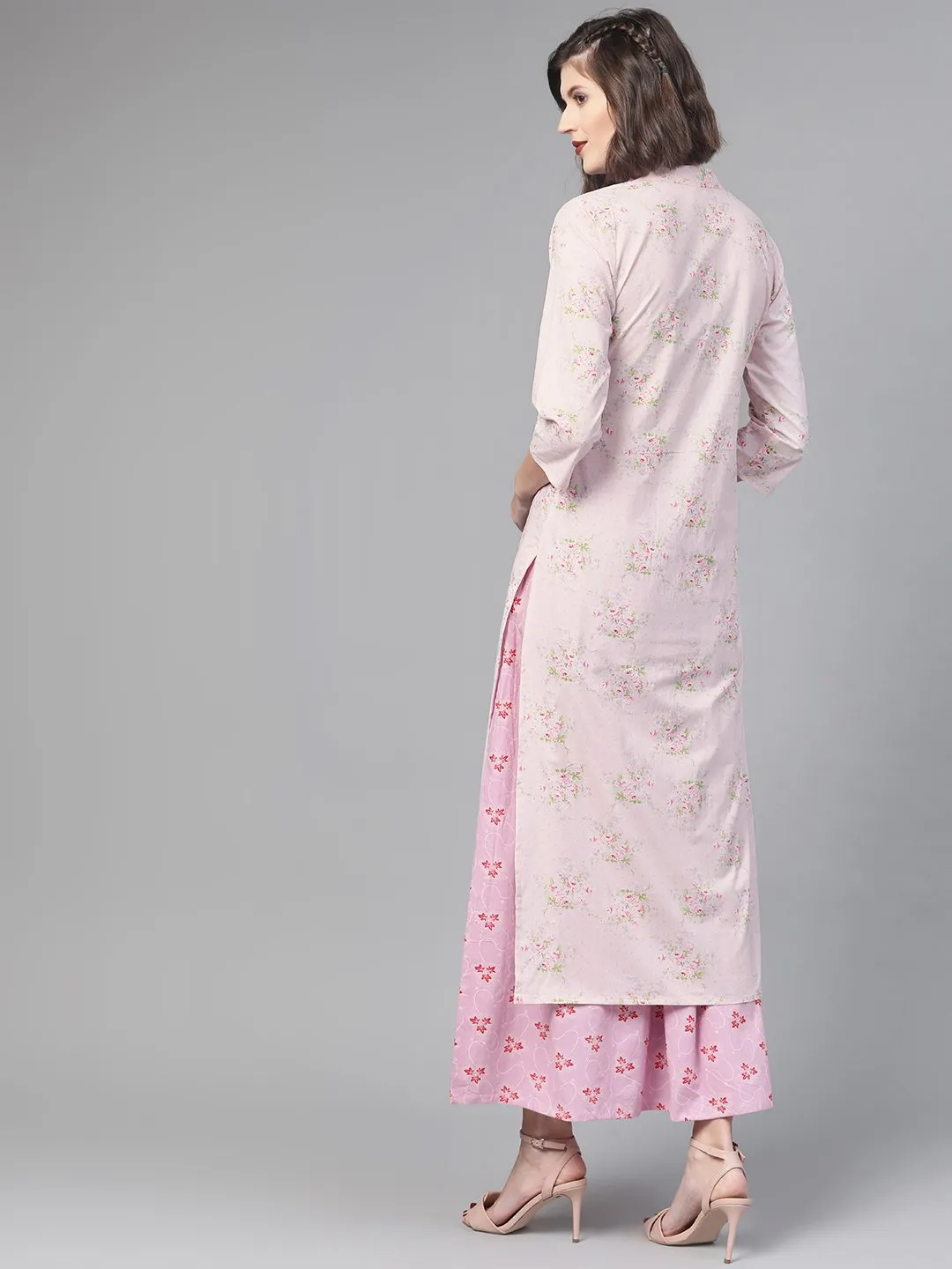 Women Pink & Green Straight Floral Printed Kurta And Skirt Set