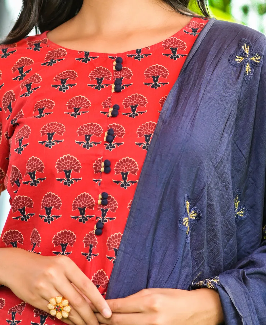 Women Red Handblock Printed Dupatta Set