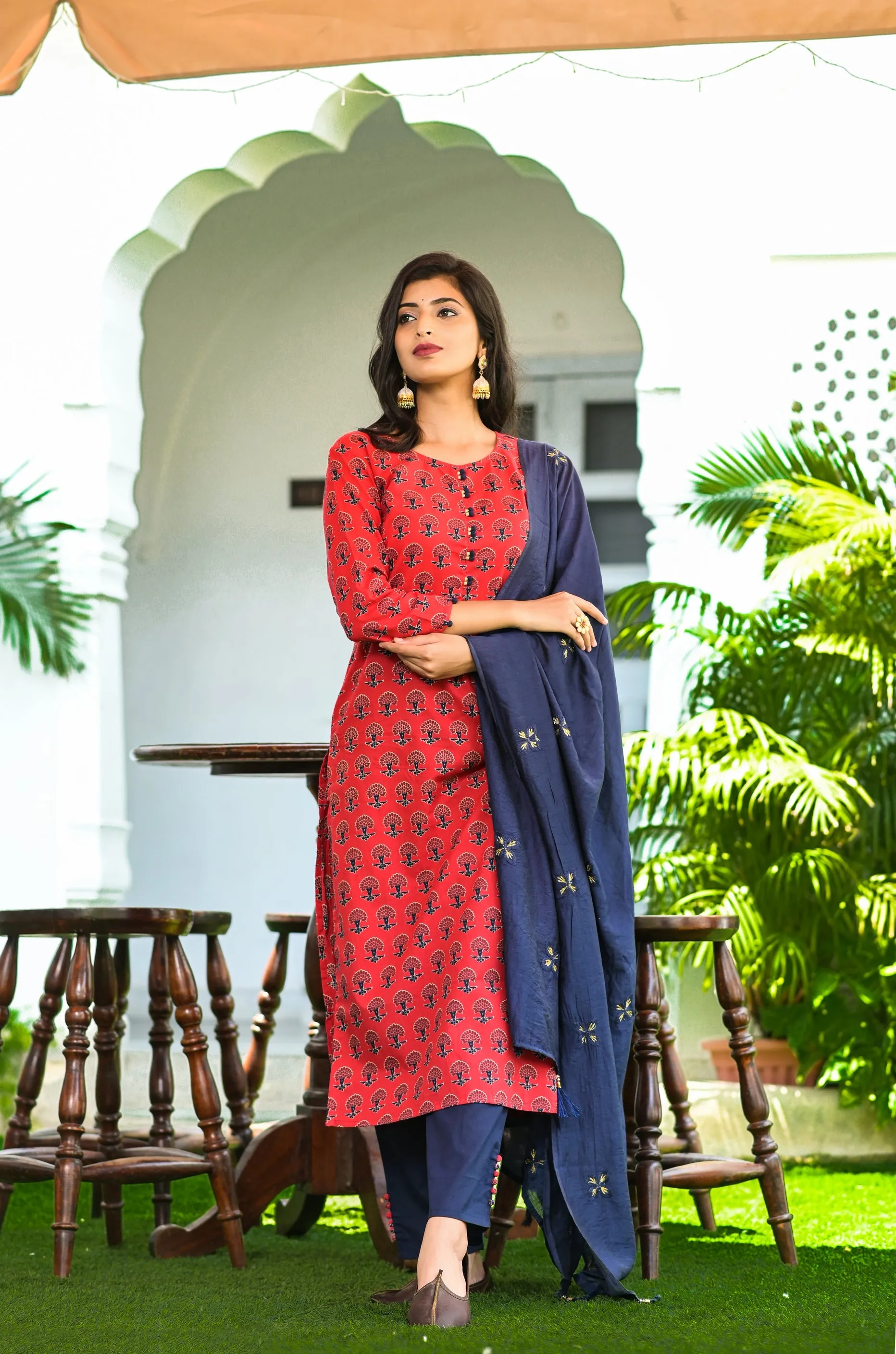 Women Red Handblock Printed Dupatta Set