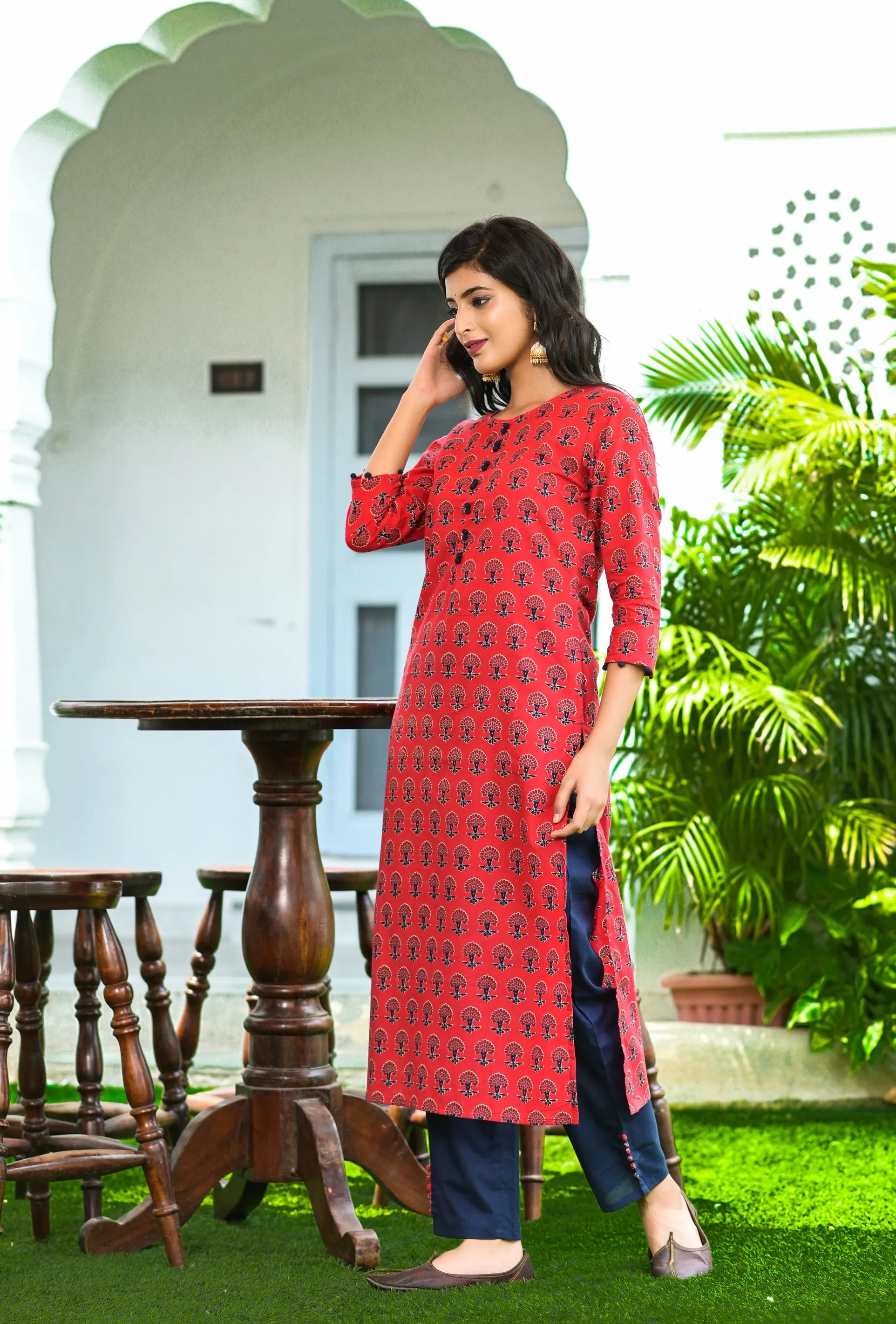 Women Red Handblock Printed Dupatta Set